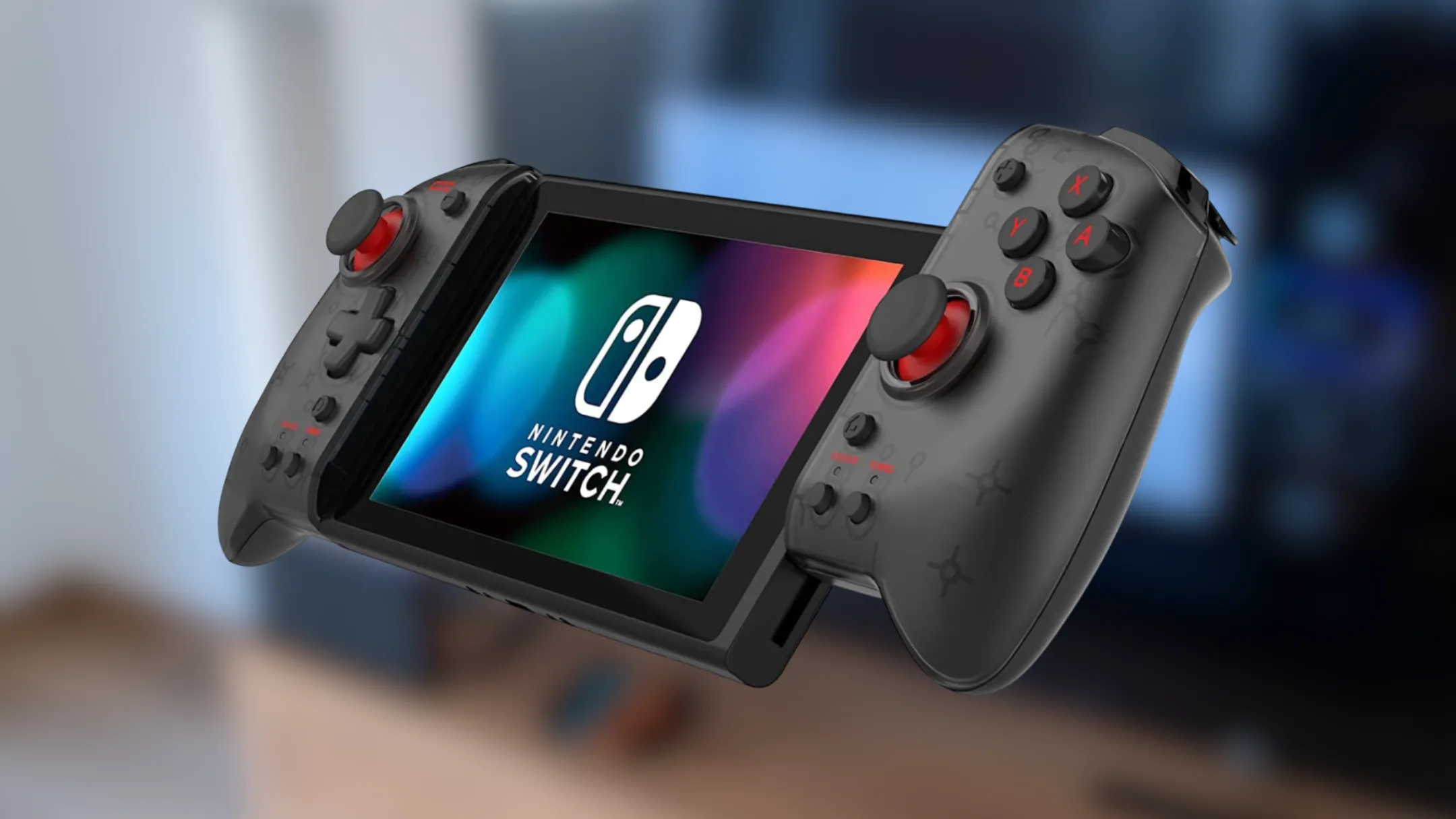 Cận cảnh bộ điều khiển HORI Split Pad Pro gắn trên máy Nintendo Switch ở chế độ cầm tay