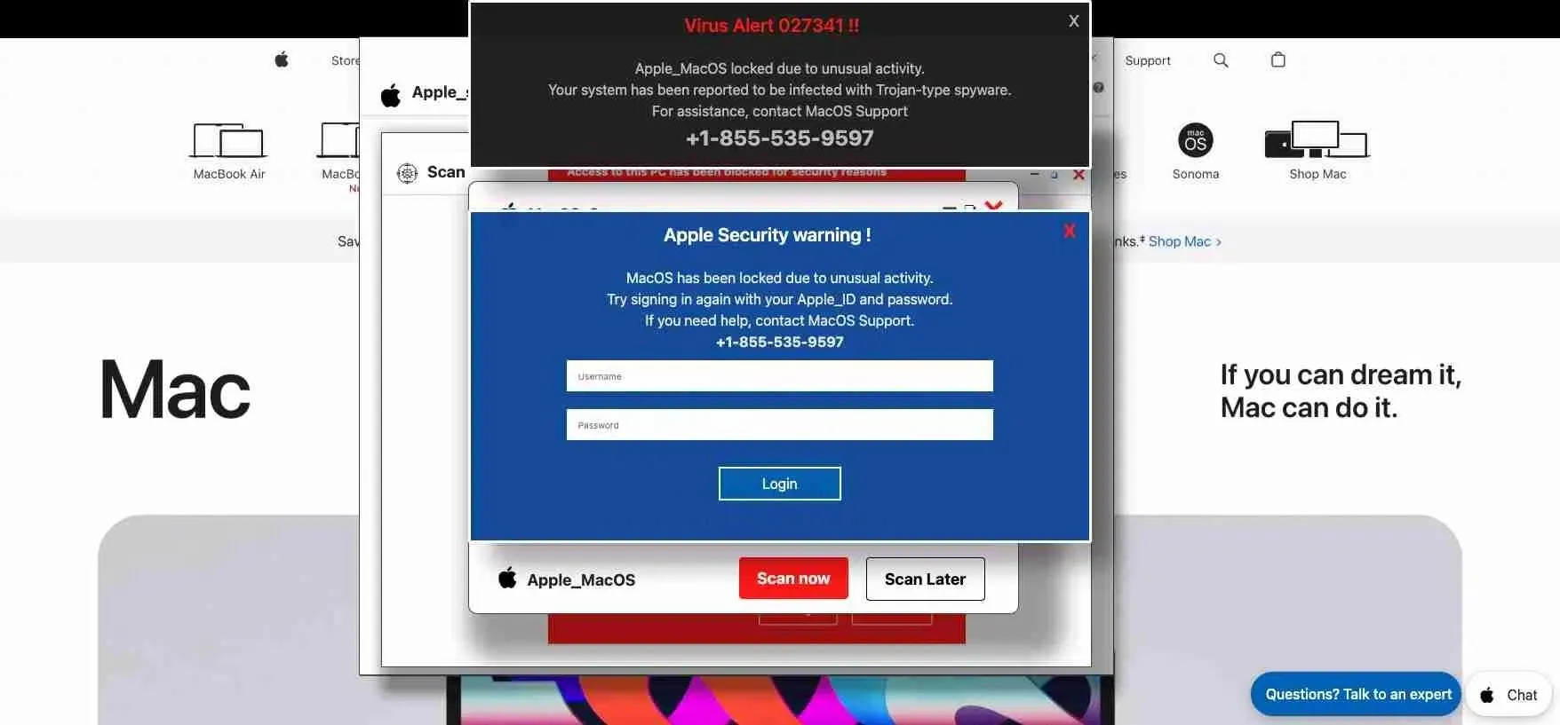 Cảnh báo lừa đảo phishing giả mạo trên màn hình máy Mac yêu cầu thông tin đăng nhập