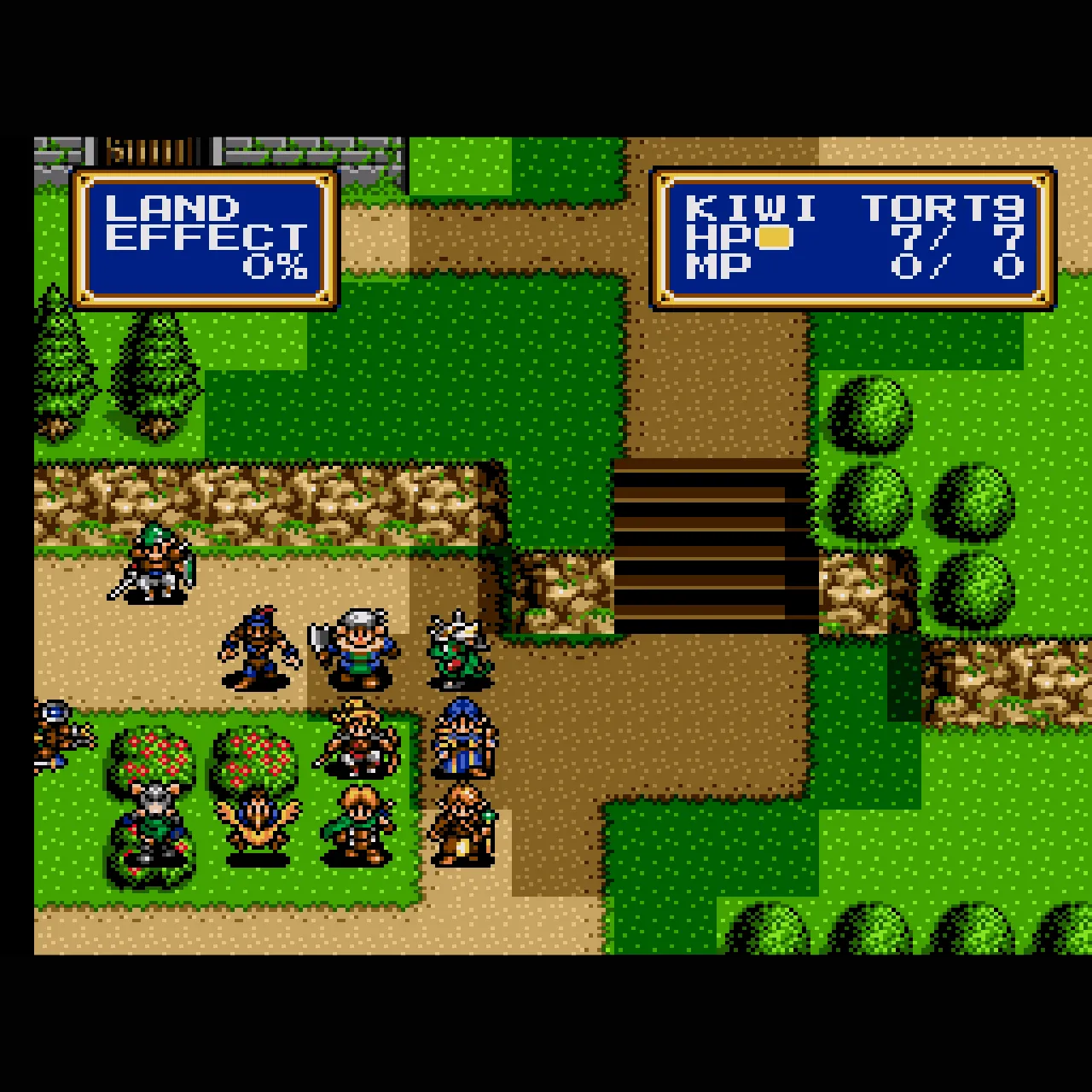 Cảnh chiến đấu trên đồi cỏ trong game nhập vai chiến thuật Shining Force 2