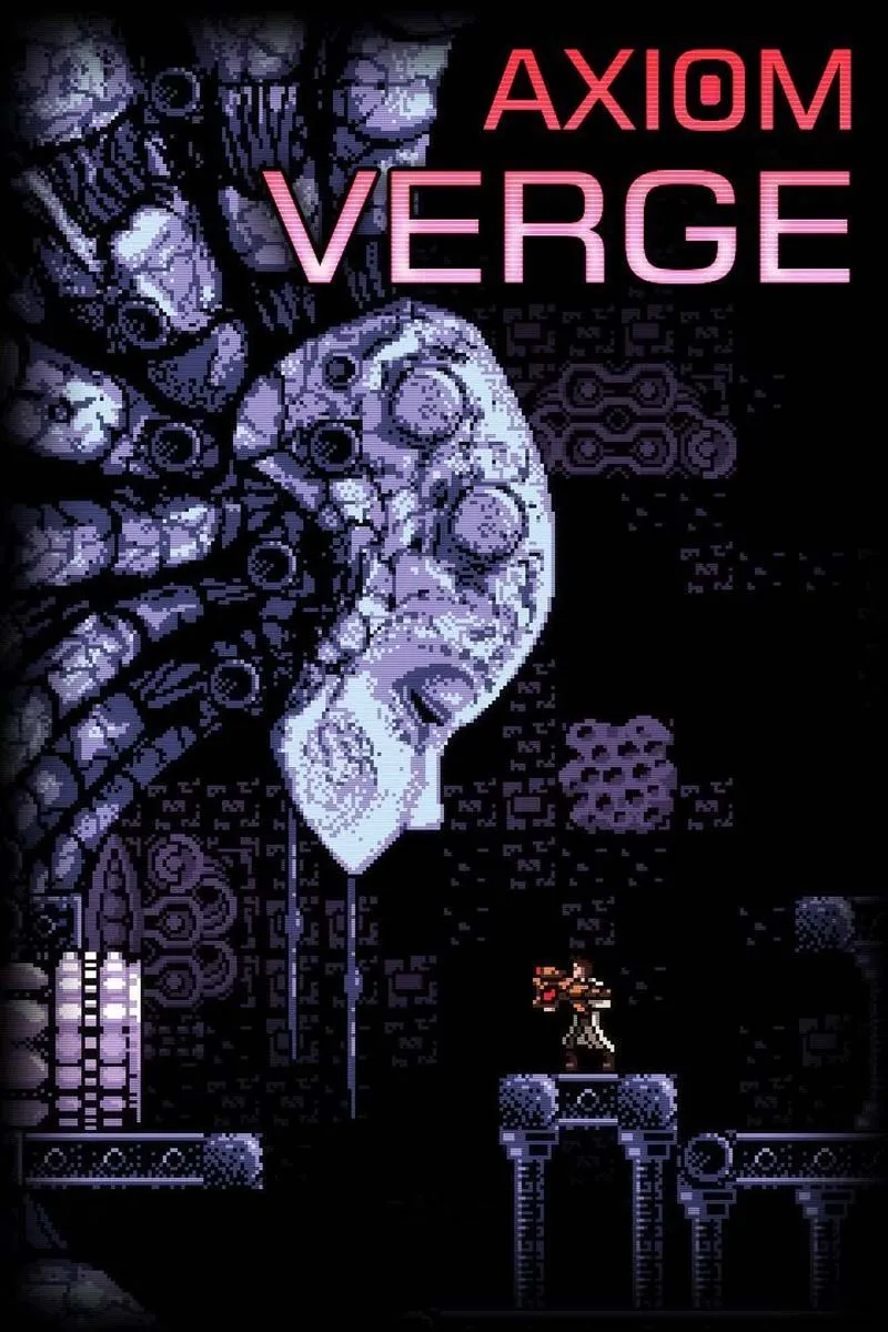 Cảnh chiến đấu trong Axiom Verge, một game Metroidvania độc đáo với phong cách đồ họa khoa học viễn tưởng hoài cổ và kho vũ khí đa dạng.