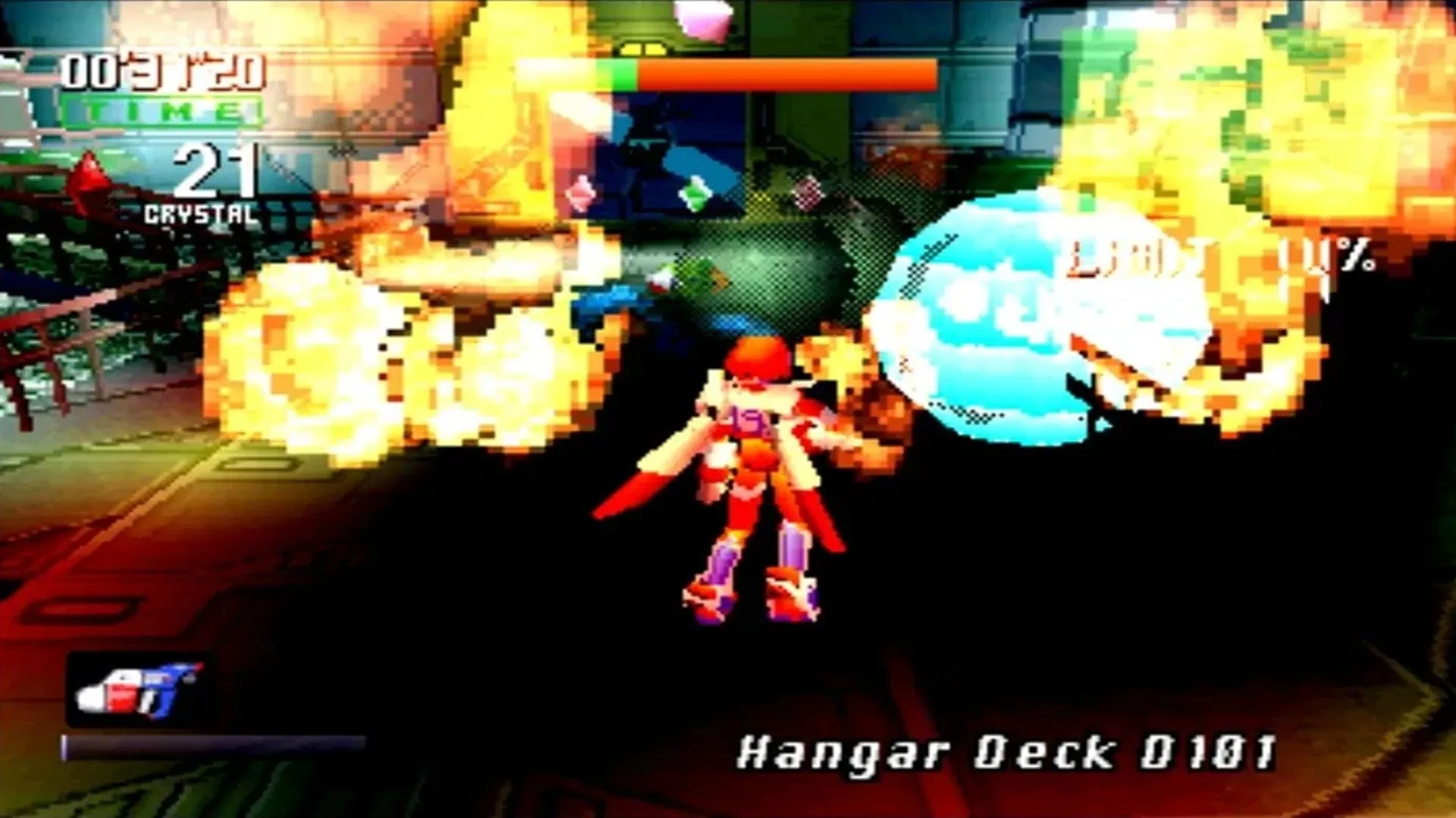 Cảnh chiến đấu trong Burning Rangers, một lính cứu hỏa với bộ đồ công nghệ cao dập lửa trong môi trường futuristic