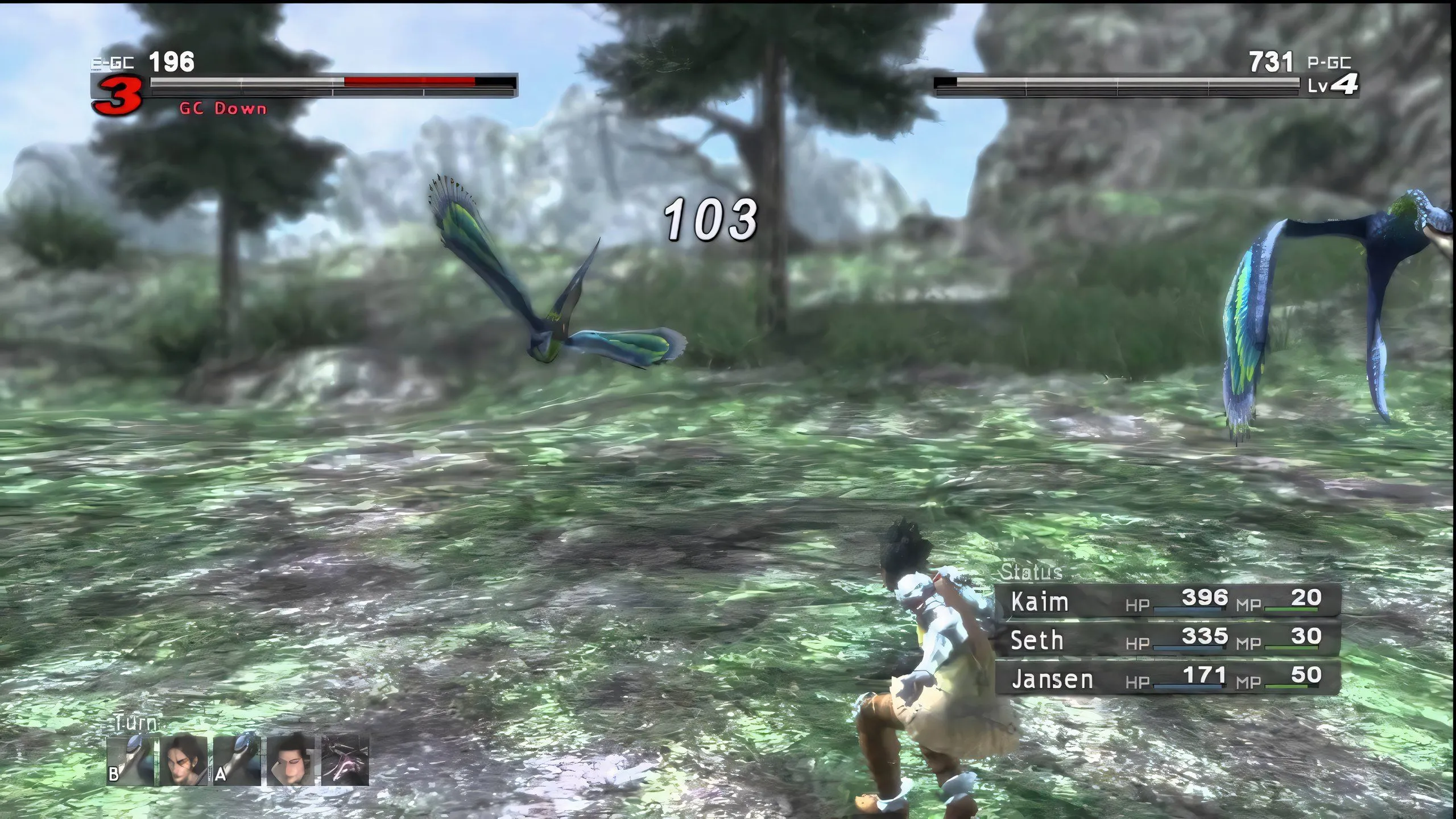 Cảnh chiến đấu trong Lost Odyssey với các nhân vật đối đầu quái vật