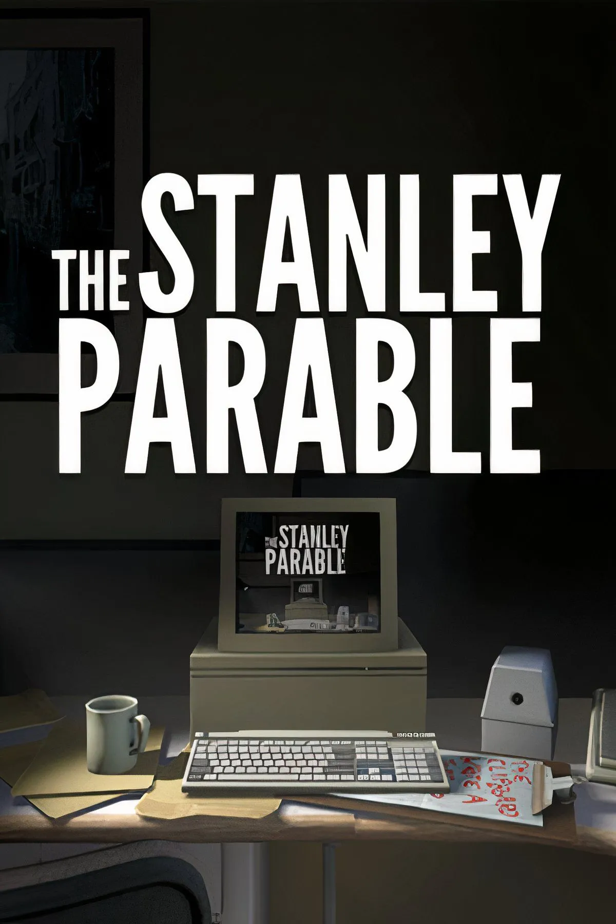 Cảnh game The Stanley Parable Ultra Deluxe với nhân vật Stanley đứng trong văn phòng trống trải, thể hiện phong cách đồ họa tối giản và tập trung vào yếu tố kể chuyện meta.
