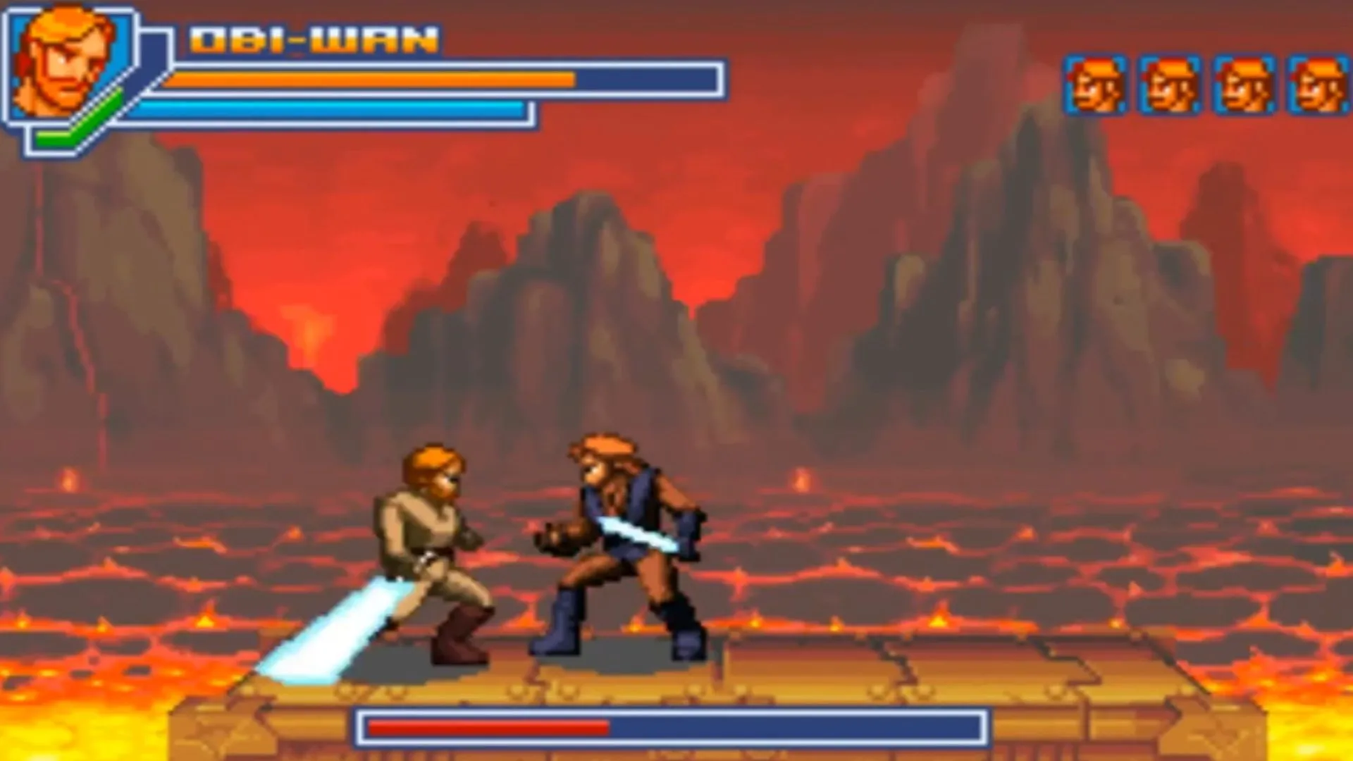 Cảnh gameplay của Star Wars Revenge of the Sith trên GBA, thể hiện Obi-Wan Kenobi đang chiến đấu với droid