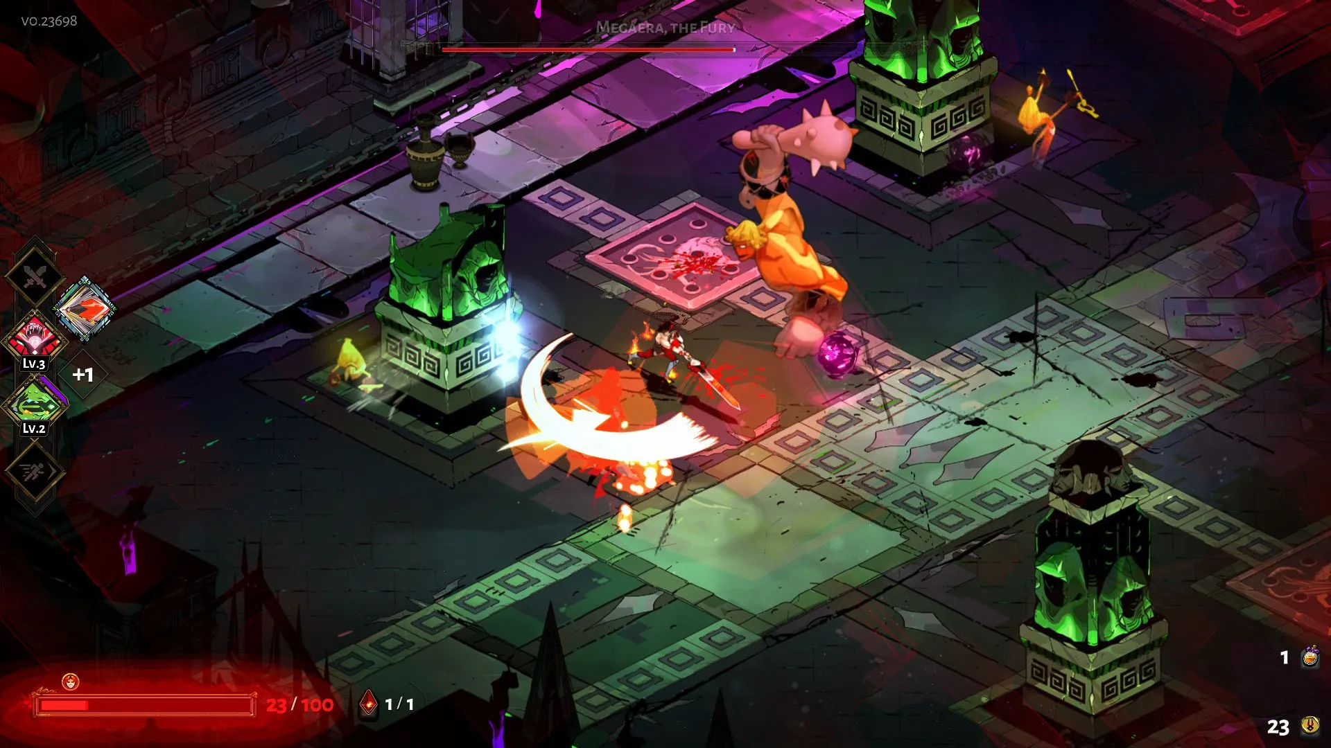 Cảnh gameplay Hades với Zagreus chiến đấu chống lại kẻ thù trong Underworld, đồ họa ấn tượng