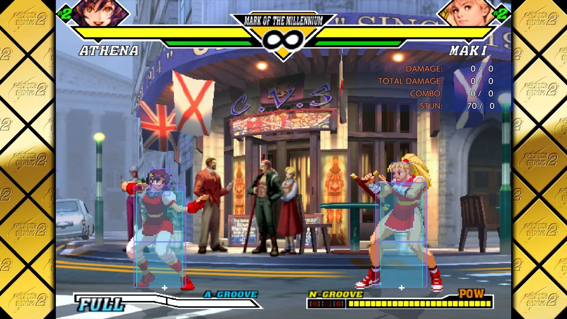 Cảnh gameplay trong Capcom Fighting Collection 2 với hai nhân vật đối kháng, thể hiện đồ họa và cơ chế chiến đấu cổ điển