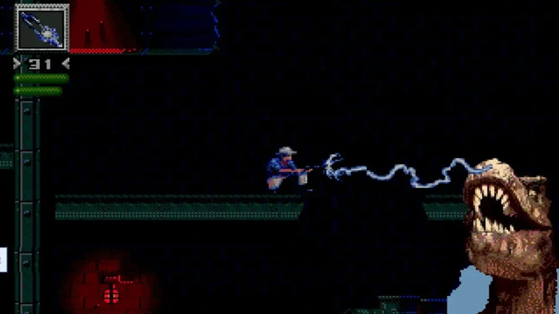 Cảnh gameplay từ Jurassic Park trên Sega Genesis, hiển thị Dr. Grant đối đầu với khủng long