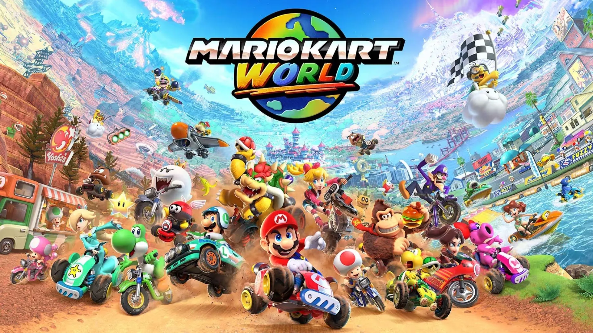Cảnh một cuộc đua 24 người chơi đầy kịch tính trong Mario Kart World