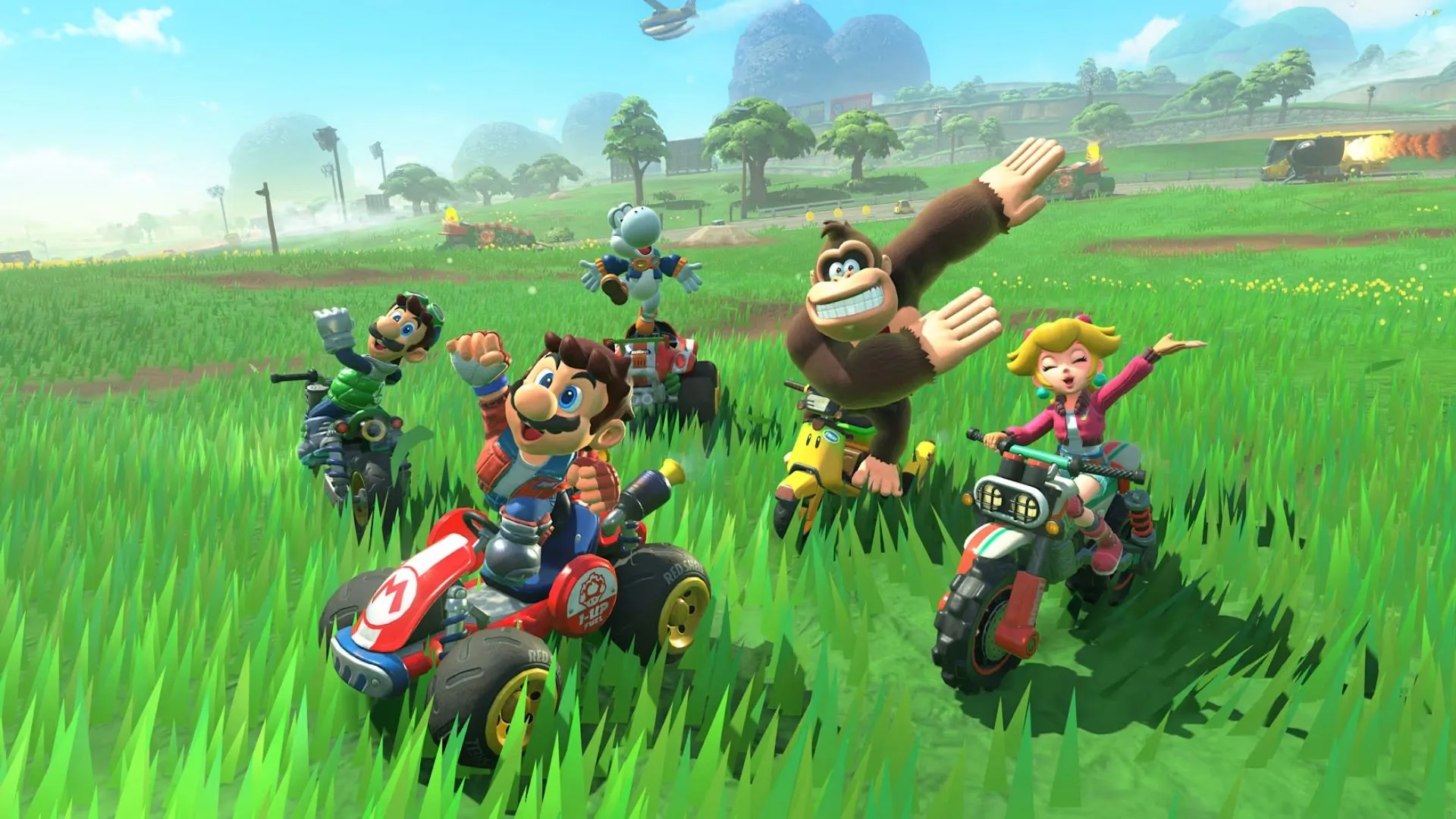 Cảnh nhân vật Mario Kart đang thực hiện kỹ thuật rail grinding hoặc wall driving