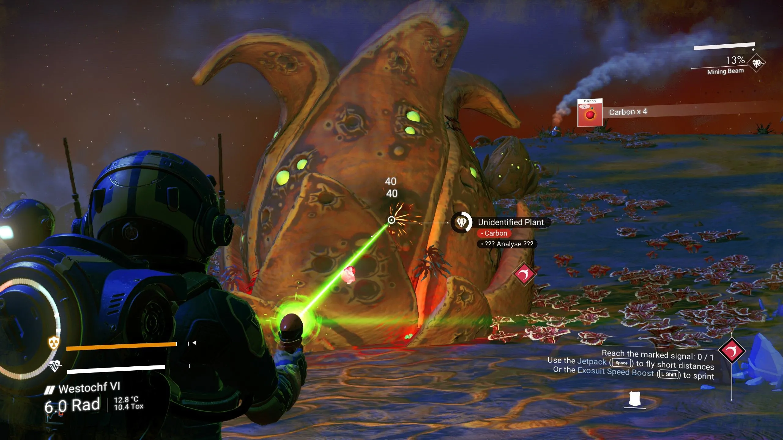 Cảnh quan khoa học viễn tưởng với phi thuyền và người chơi trong game No Man's Sky