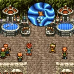 Cảnh trong game Chrono Trigger với hai nhân vật đứng trước cổng không gian màu xanh