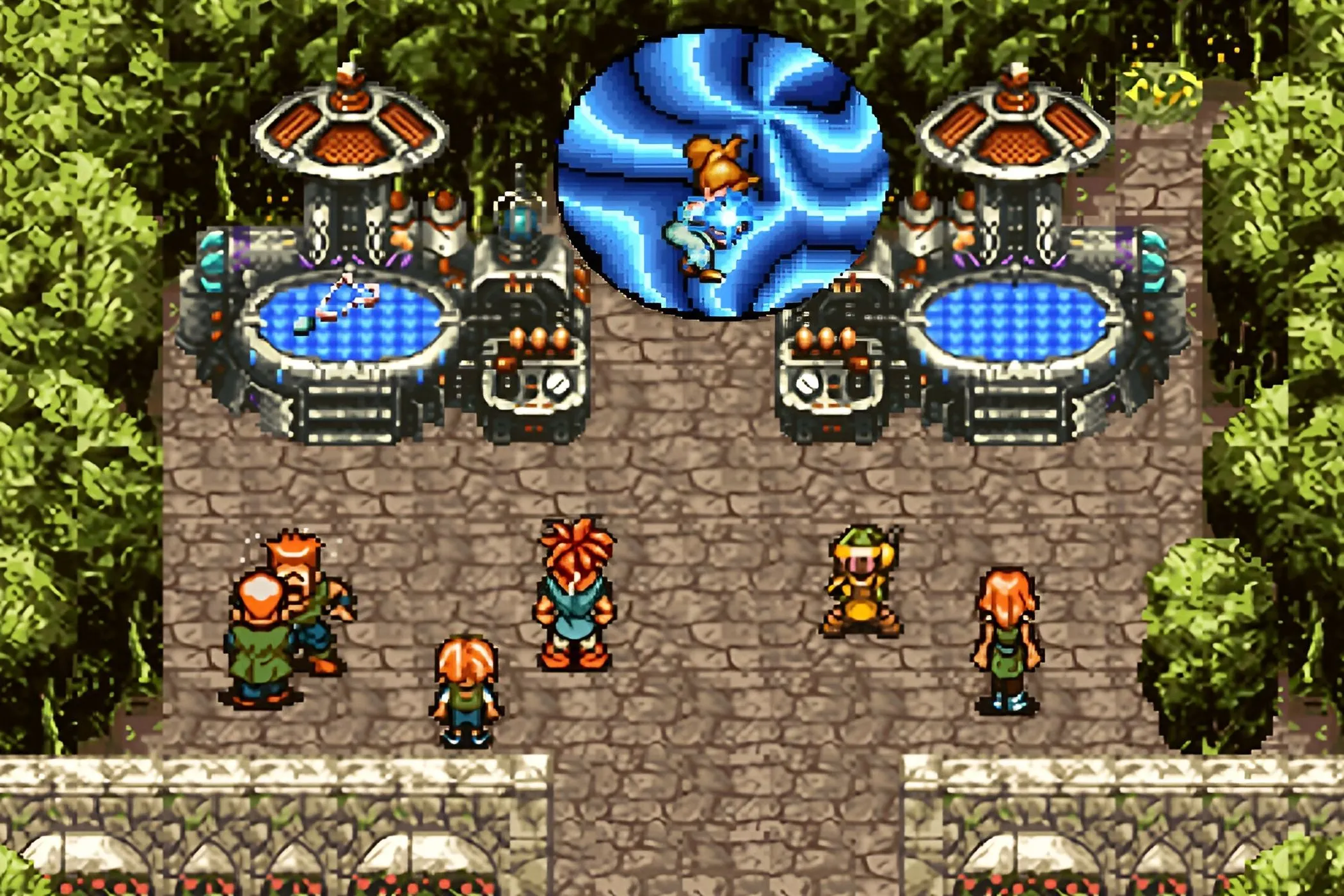 Cảnh trong game Chrono Trigger với hai nhân vật đứng trước cổng không gian màu xanh