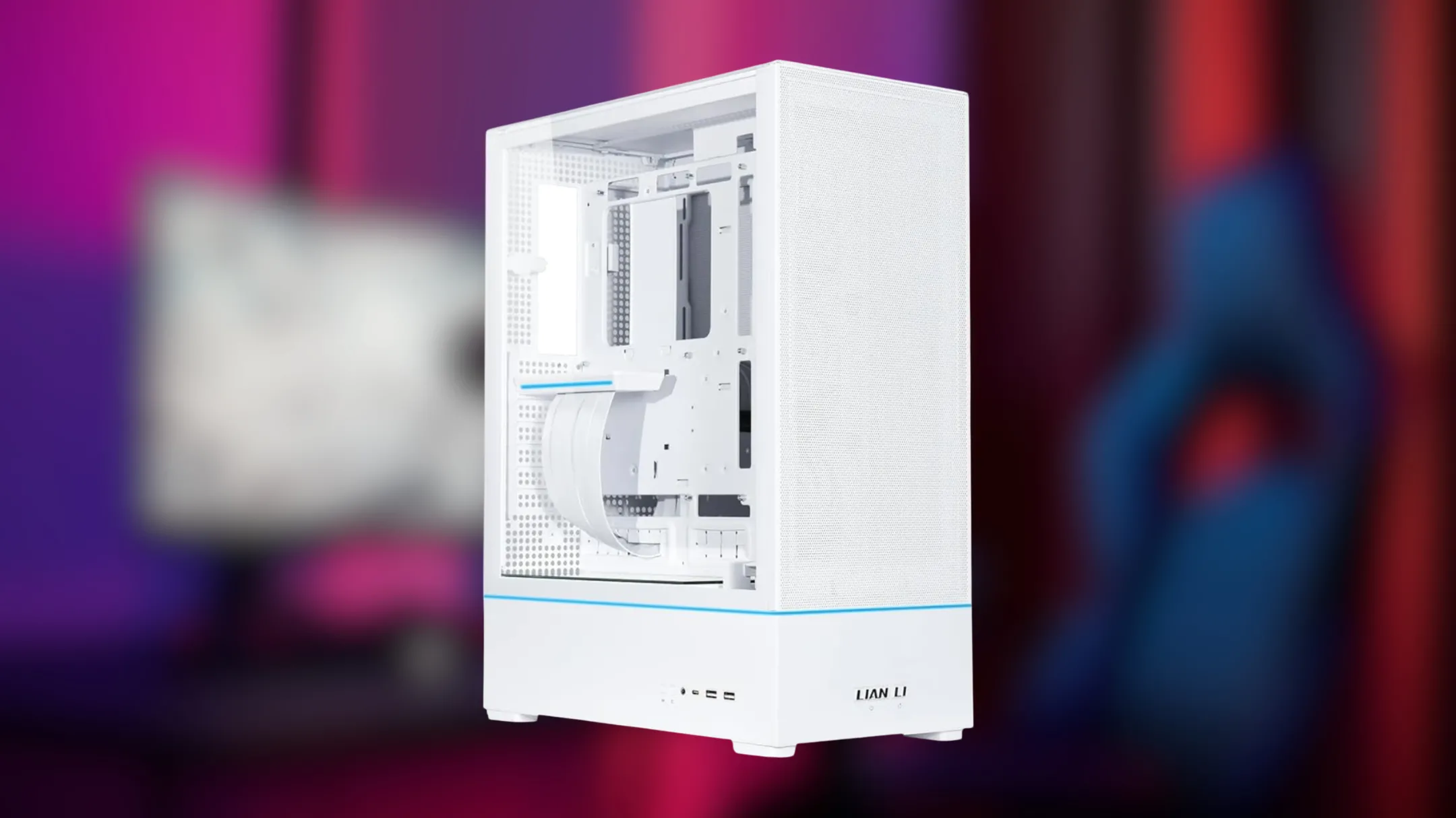 Chi tiết mặt bên của vỏ case Lian Li SUP 01 thể hiện không gian rộng rãi và vị trí quạt tản nhiệt GPU
