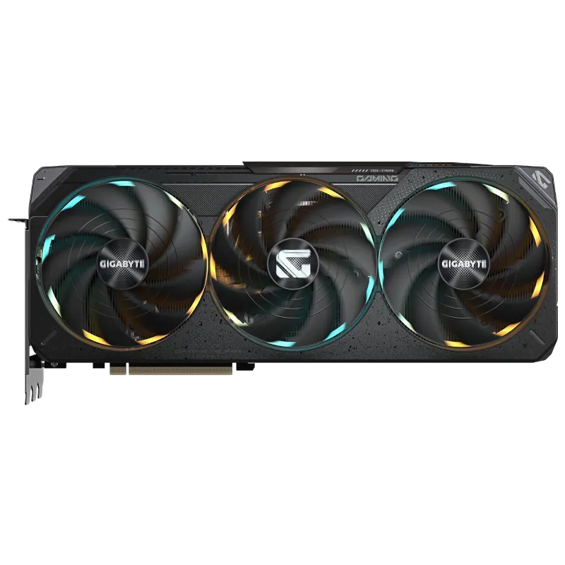 Chi tiết mặt trên của Gigabyte Gaming RTX 5080 OC, thể hiện backplate và cấu trúc tản nhiệt.