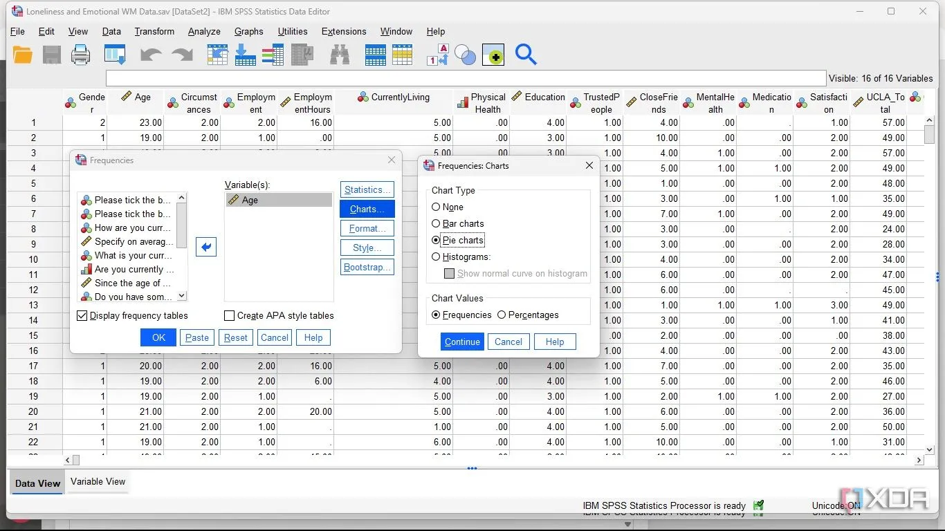 Chọn tạo biểu đồ tròn (Pie chart) hoặc biểu đồ tần suất trong SPSS