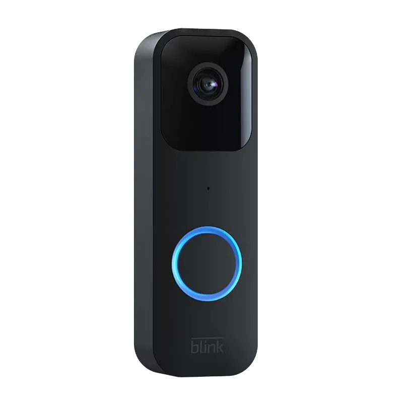 Chuông cửa thông minh Blink Video Doorbell với thiết kế nhỏ gọn, màu đen, đặt độc lập trên nền trong suốt, nổi bật các chi tiết camera và nút nhấn.
