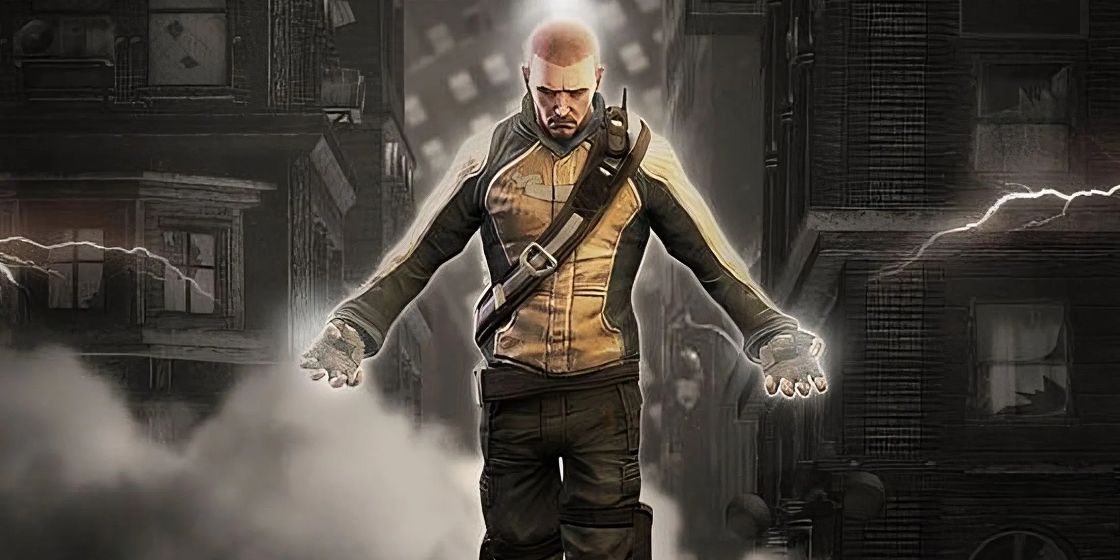 Cole MacGrath sử dụng siêu năng lực điện của mình trong một cảnh game Infamous.