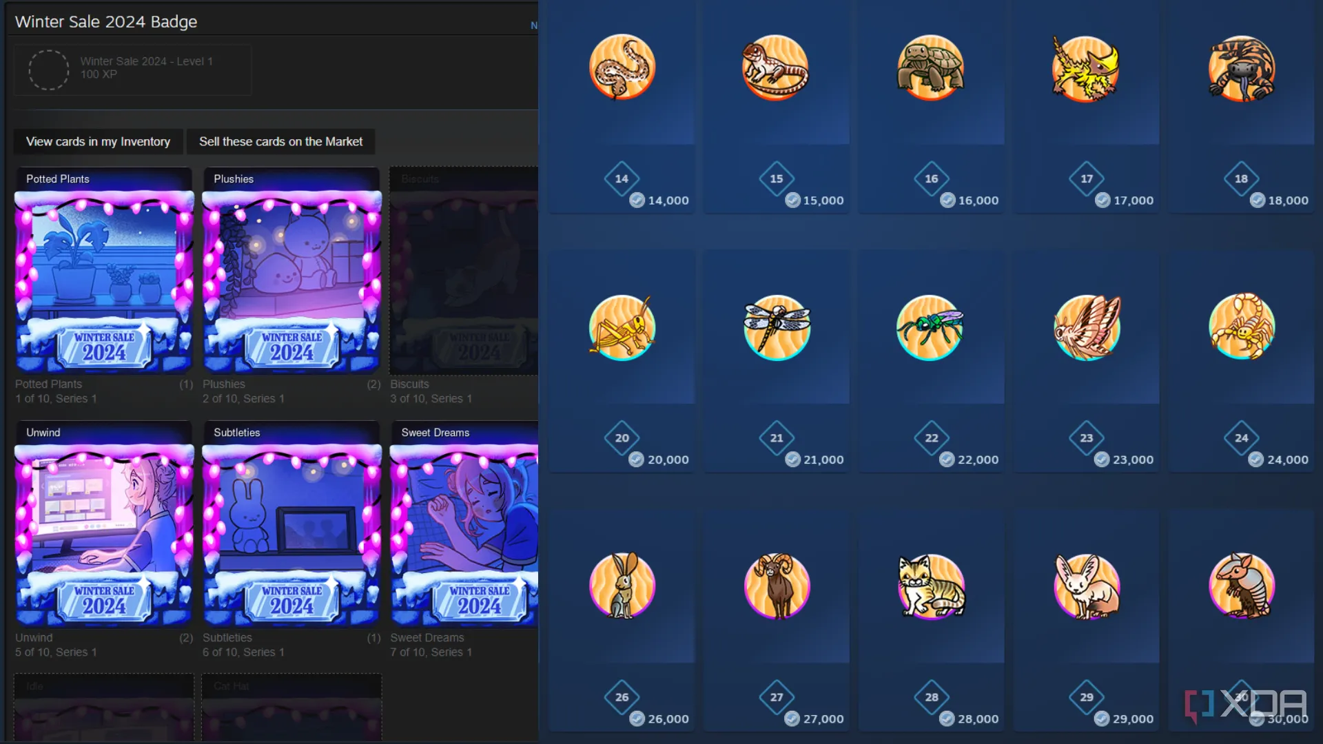 Cửa hàng Steam Points hiển thị các huy hiệu theo mùa và thẻ bài dùng để tăng cấp độ hồ sơ Steam.