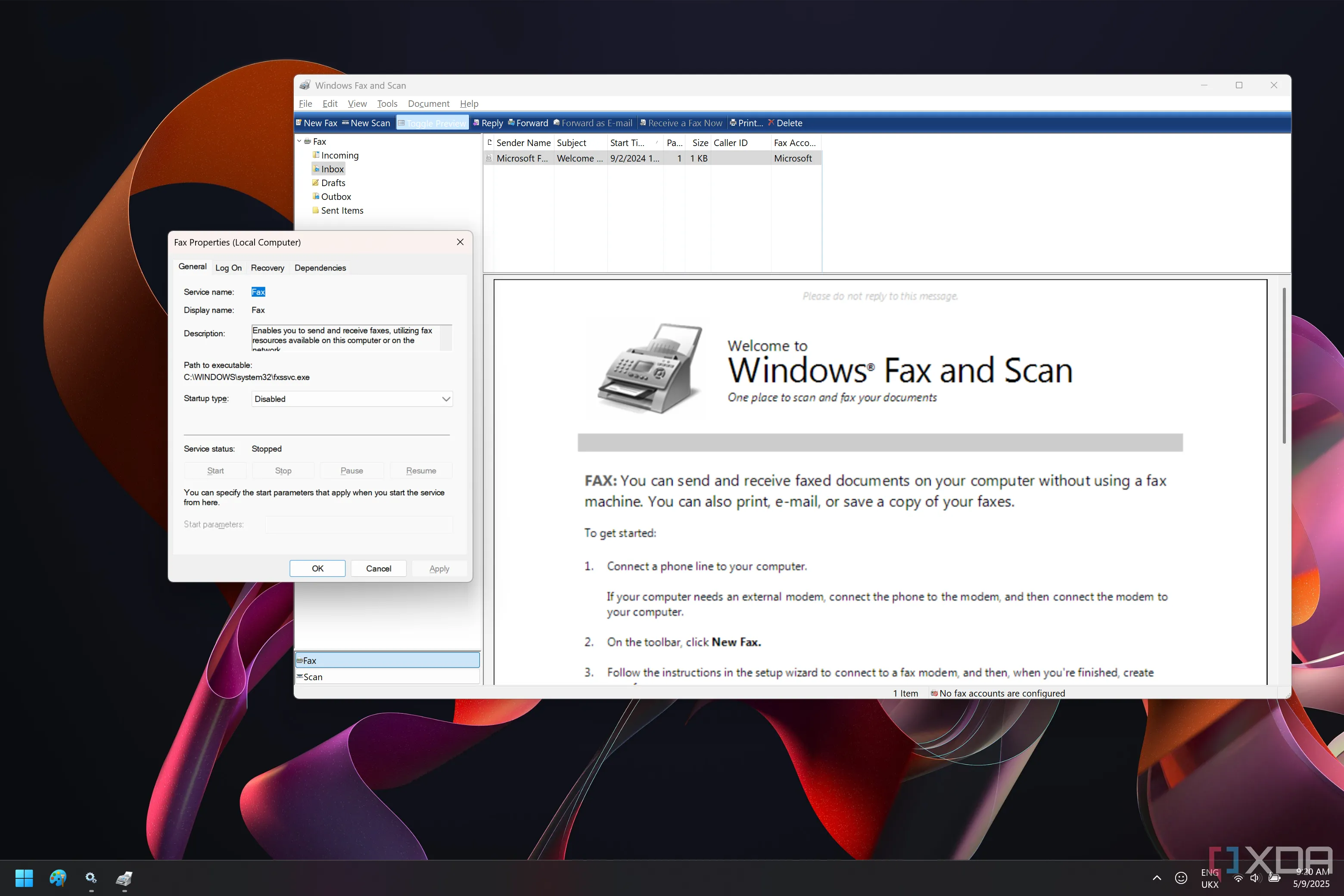Cửa sổ Dịch vụ trên Windows 11 cho thấy Dịch vụ Fax được đặt thành vô hiệu hóa cùng với ứng dụng Windows Fax and Scan