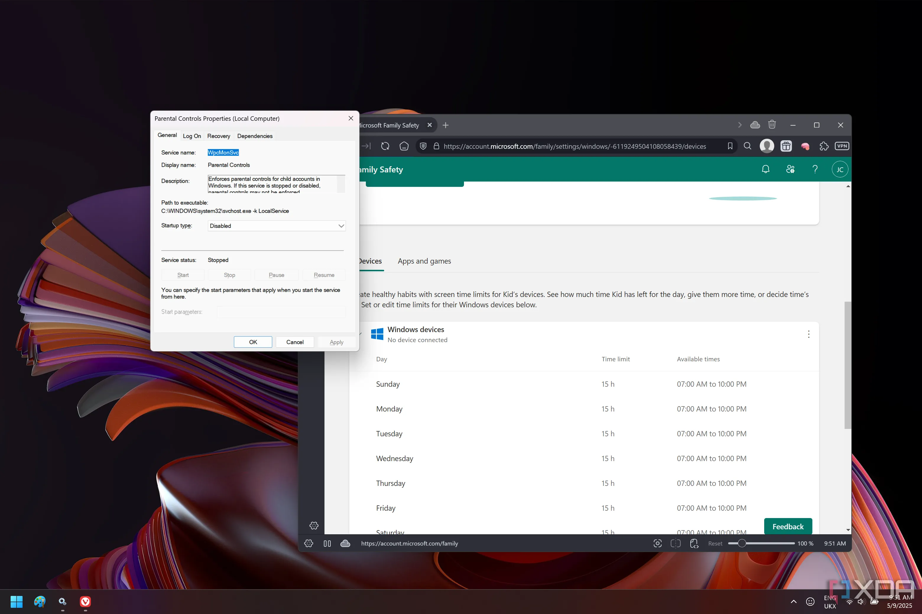 Cửa sổ Dịch vụ trên Windows 11 hiển thị dịch vụ Parental Controls đã bị vô hiệu hóa cùng với trang web Family Safety