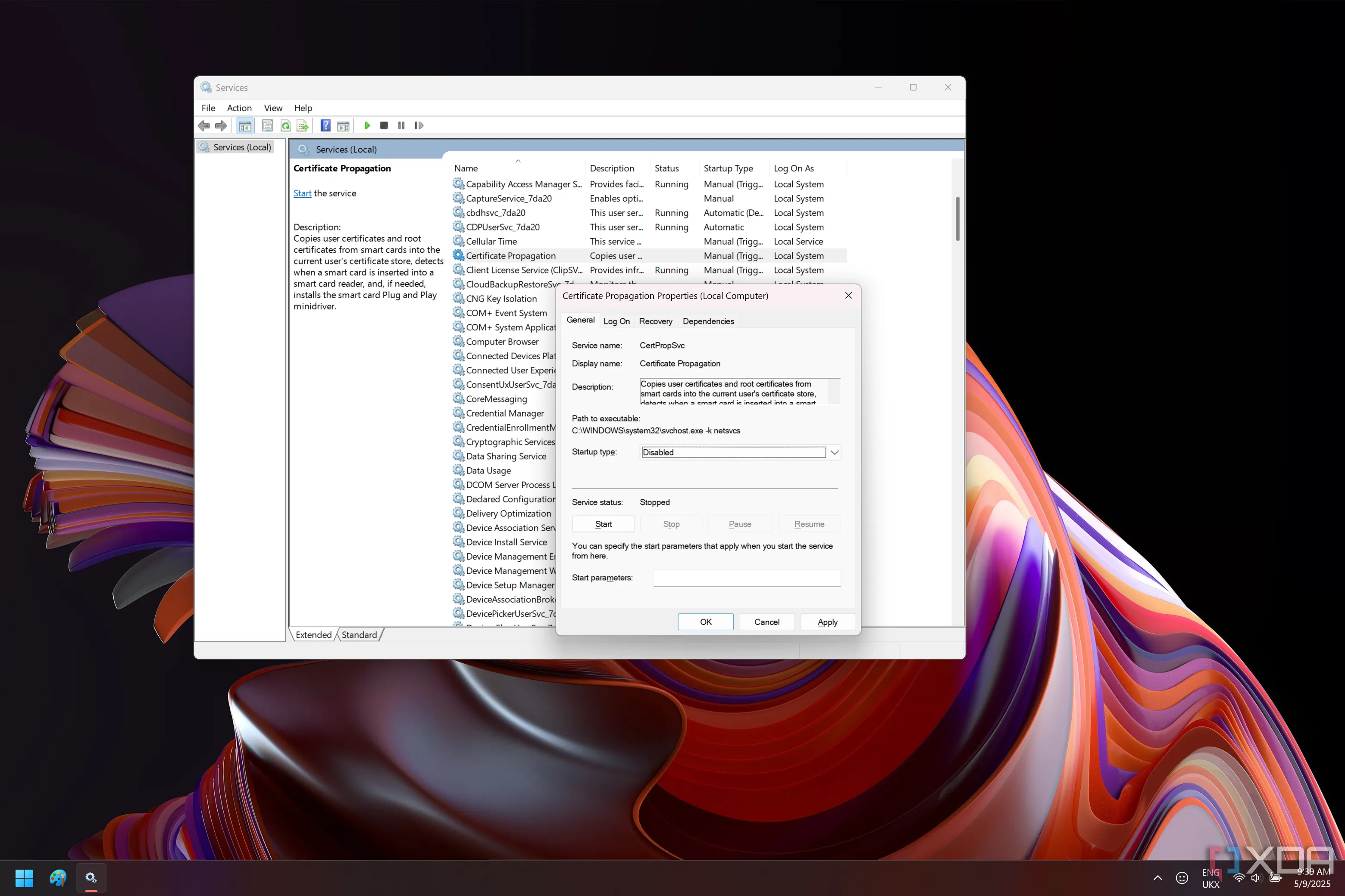 Cửa sổ Dịch vụ Windows 11 với dịch vụ Certificate Propagation đã được tắt
