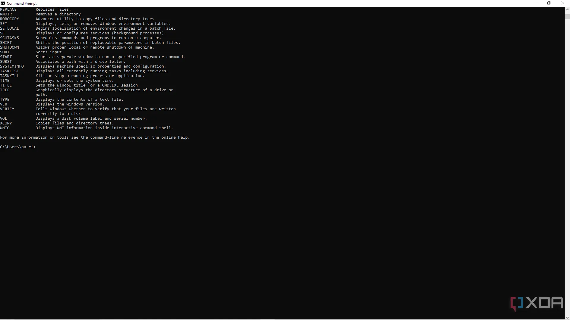 Danh sách các lệnh và mô tả khi gõ lệnh "help" trong Command Prompt