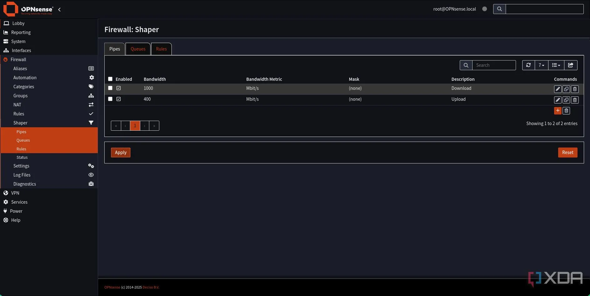 Danh sách hai Pipe Download và Upload đã được cấu hình thành công trong cài đặt Traffic Shaping của OPNsense