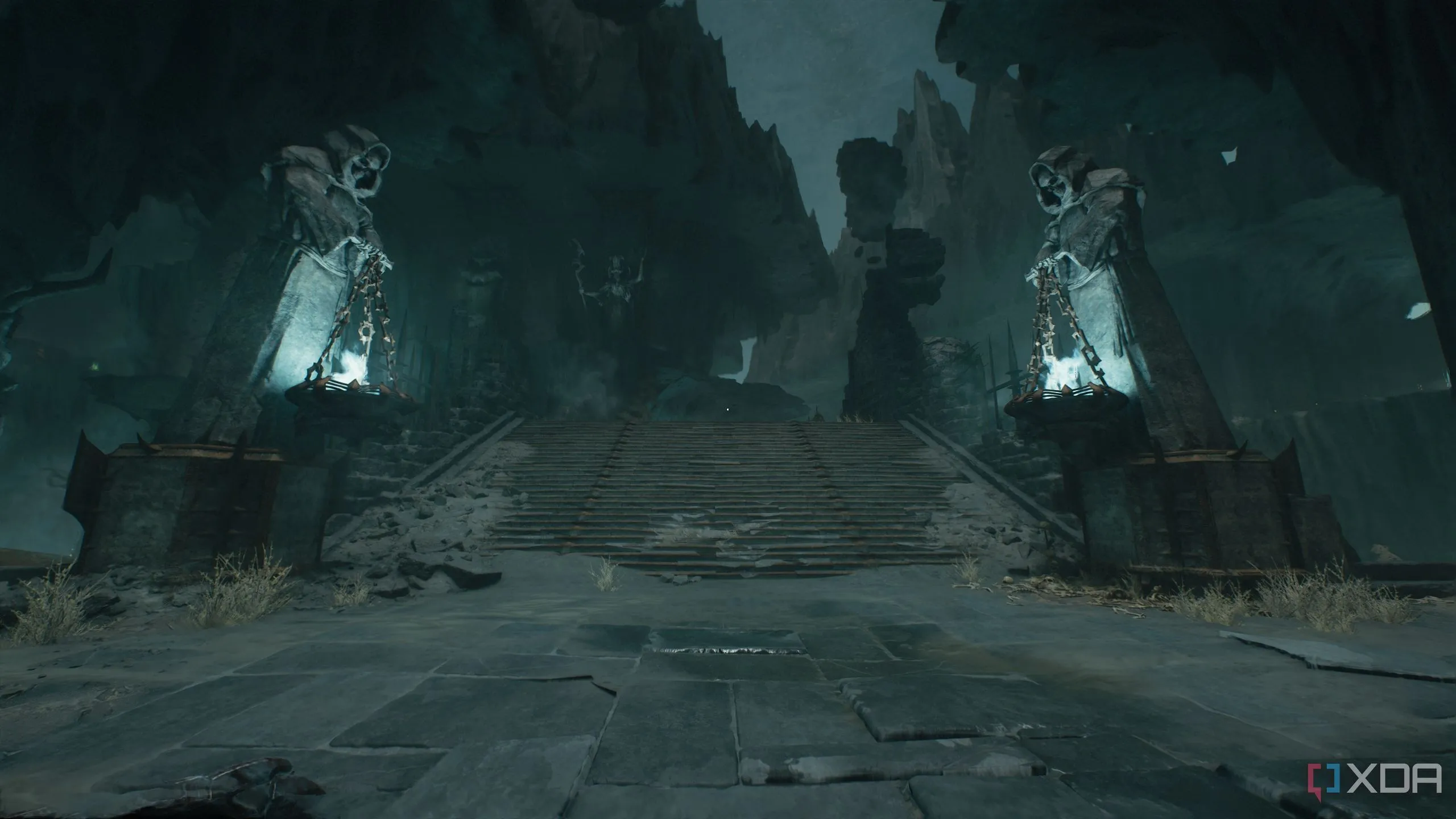Đấu trường lớn với các bức tượng và cầu thang trong Chương 19 Doom: The Dark Ages