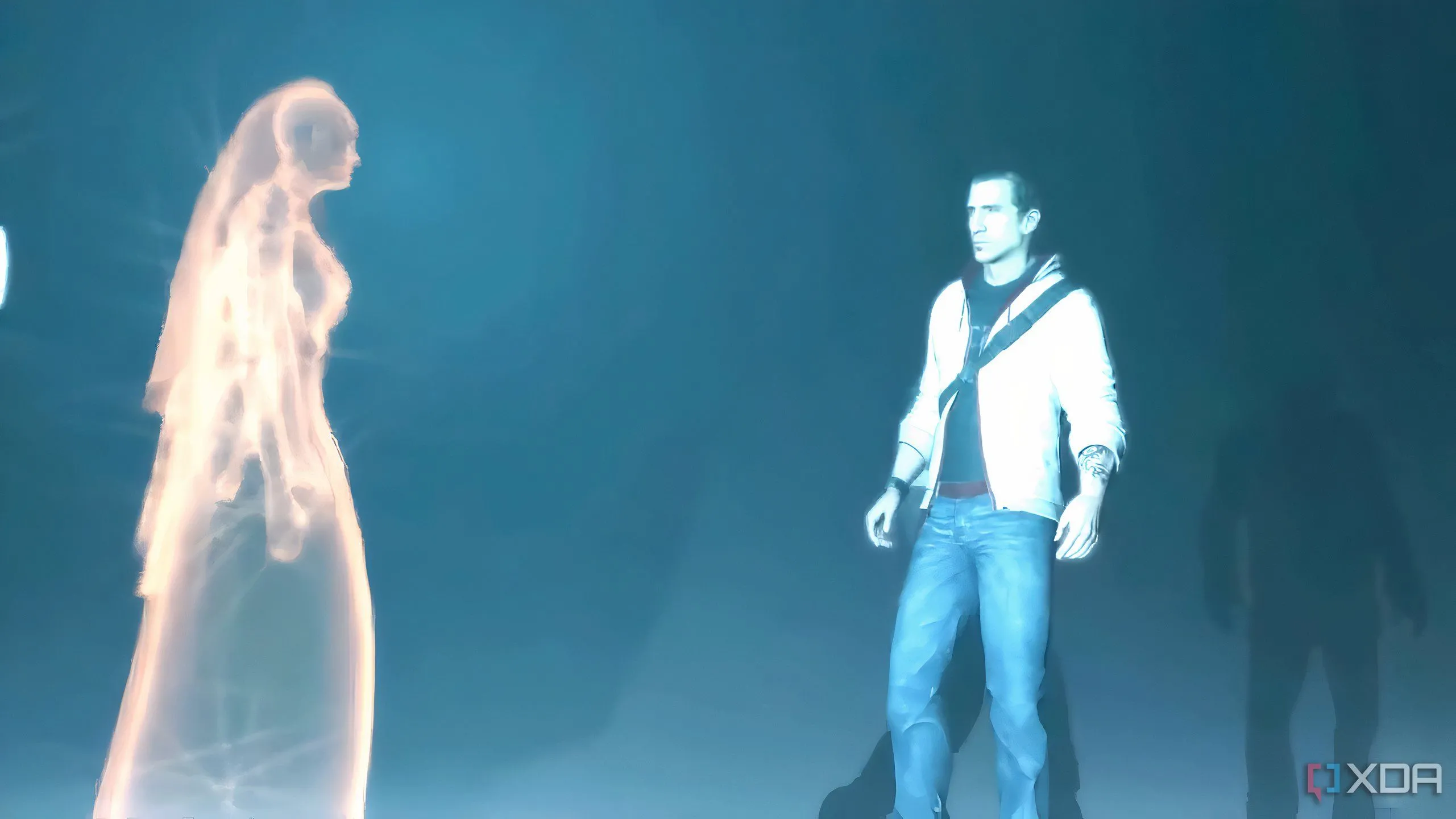 Desmond Miles nhìn lên cảnh tượng cuối game của Assassin's Creed III, liên quan đến nền văn minh Isu