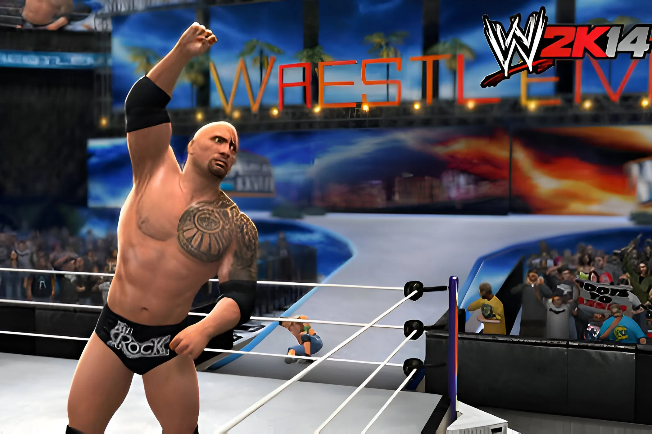 Đô vật The Rock trên võ đài trong game WWE 2K14