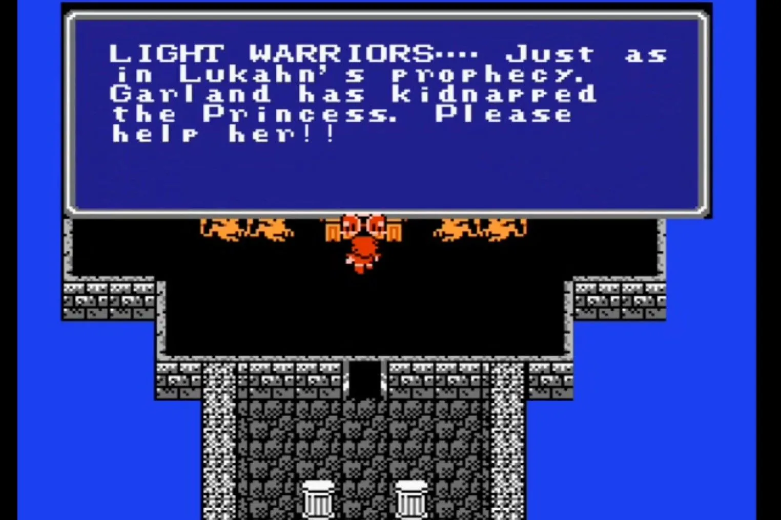 Đội hình Light Warriors nhận nhiệm vụ từ NPC, bắt đầu cuộc phiêu lưu trong game nhập vai Final Fantasy trên NES