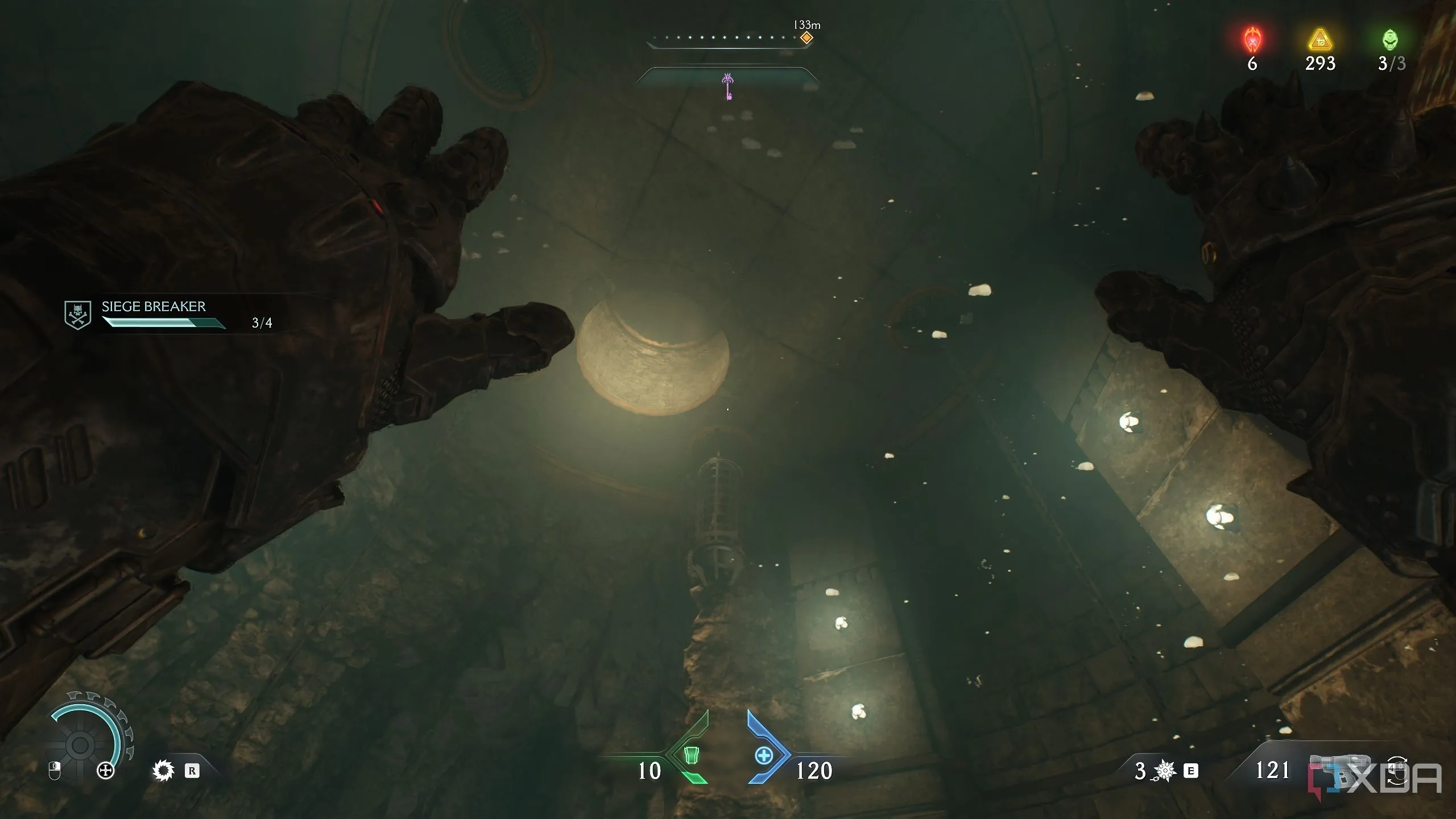 Doom Slayer bơi dưới nước, nhìn lên một cái lỗ trên trần dẫn đến khu vực bí mật 9 trong Doom The Dark Ages