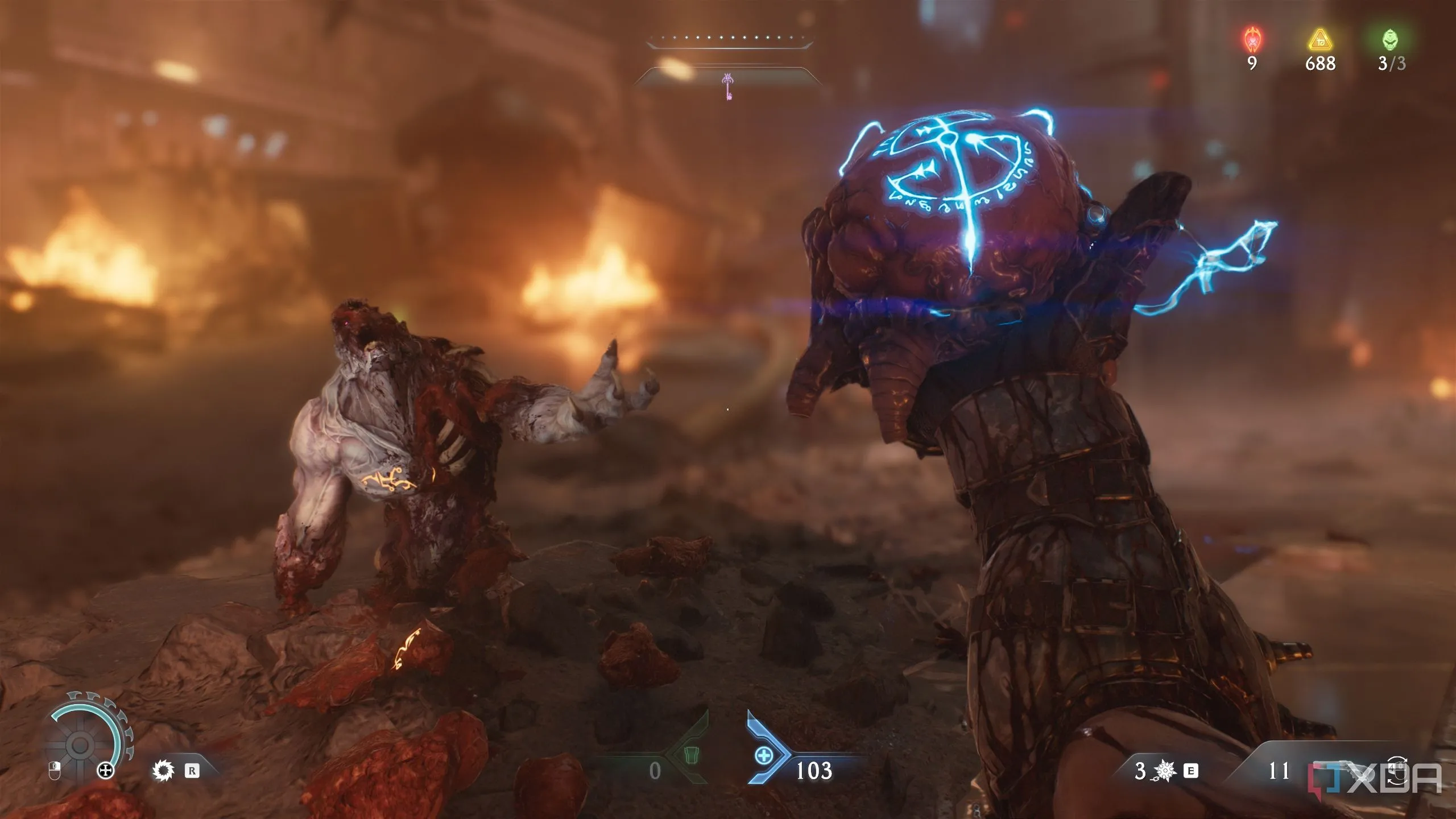Doom Slayer cầm một viên Demonic Essence để tăng tối đa máu, sau khi đánh bại một Hellknight được cường hóa trong Doom The Dark Ages Chapter 7.