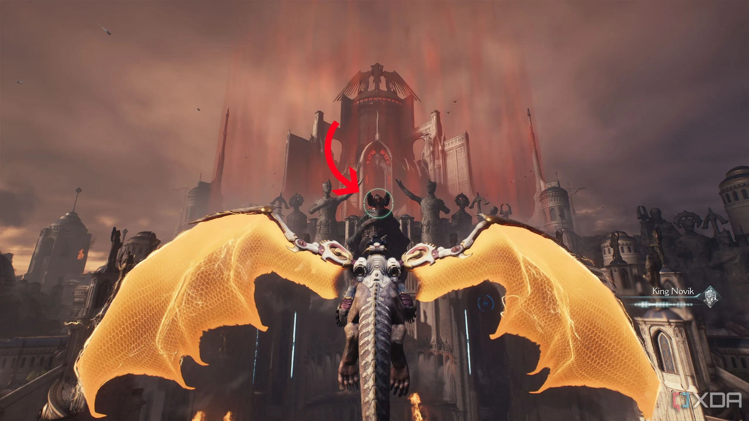 Doom Slayer cưỡi rồng Serrat tiếp cận tàu Hell Carrier đầu tiên đang bay trên Thành phố Thánh Aratum, sẵn sàng tấn công trong Doom The Dark Ages.