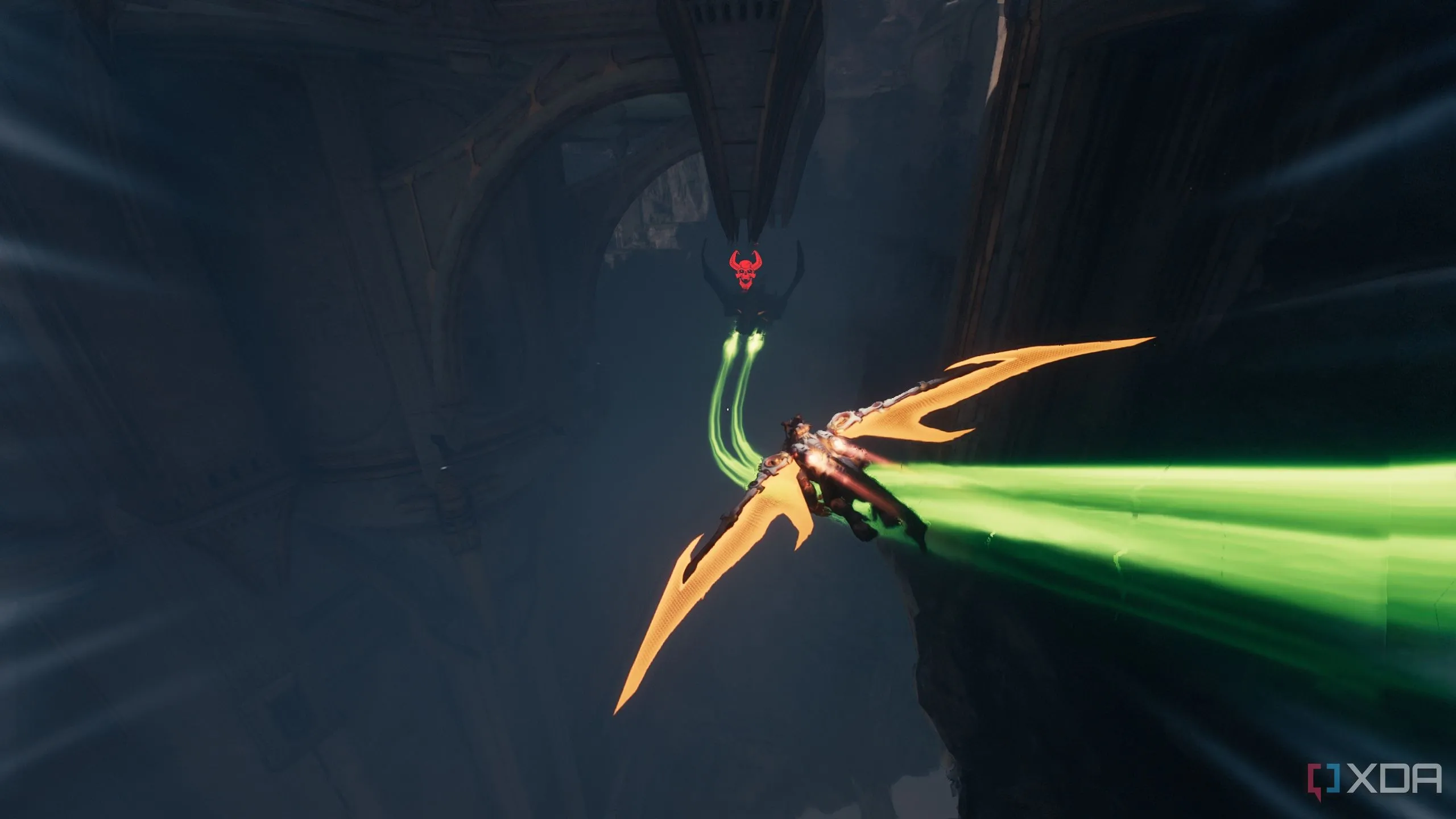Doom Slayer cưỡi rồng Serrat truy đuổi tàu Hell Fighter thứ hai qua không trung Thành phố Thánh Aratum, hoàn thành một trong các thử thách nhiệm vụ trong Doom The Dark Ages.