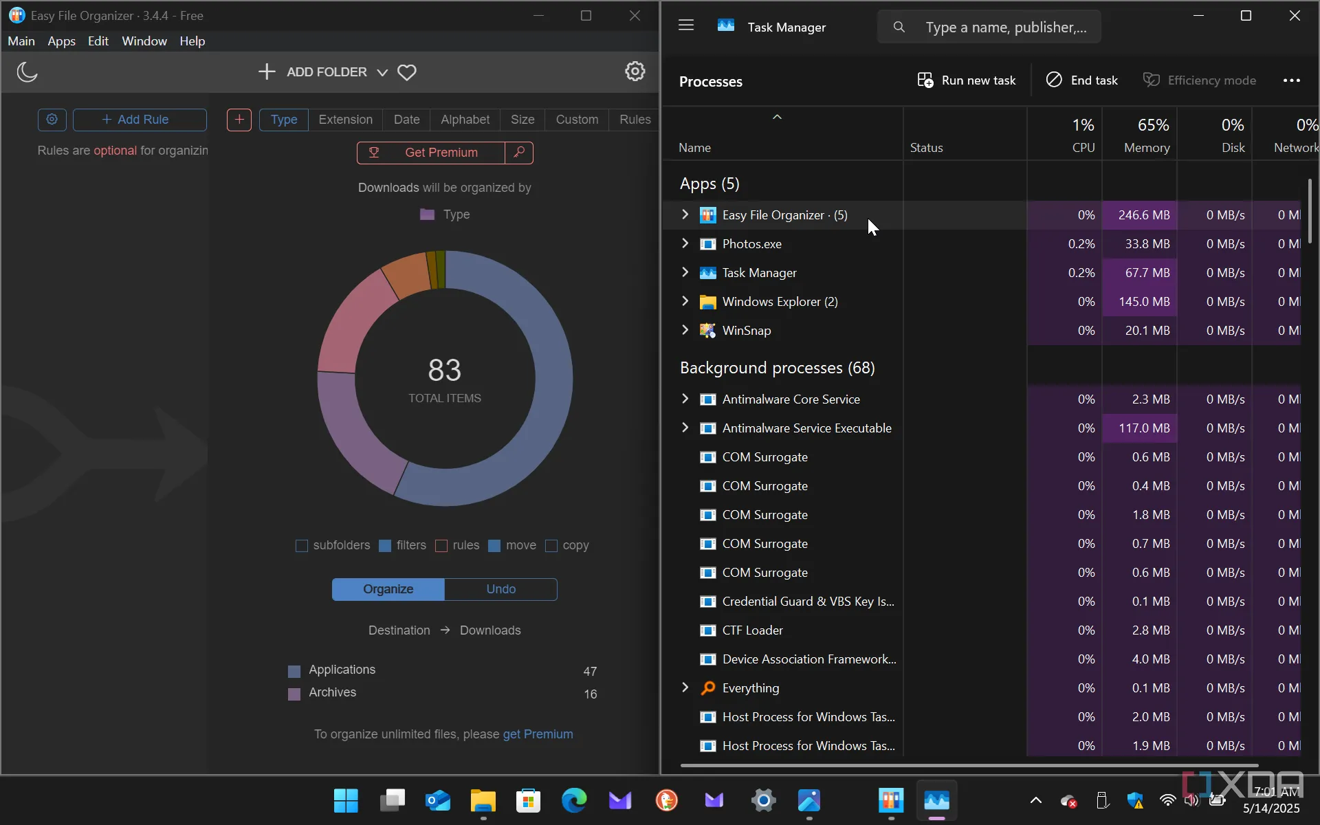 Easy File Organizer đang chạy cùng với Task Manager hiển thị mức tiêu thụ tài nguyên