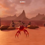 Game indie Crab Champions với hình ảnh một chú cua bay trên bãi biển xanh