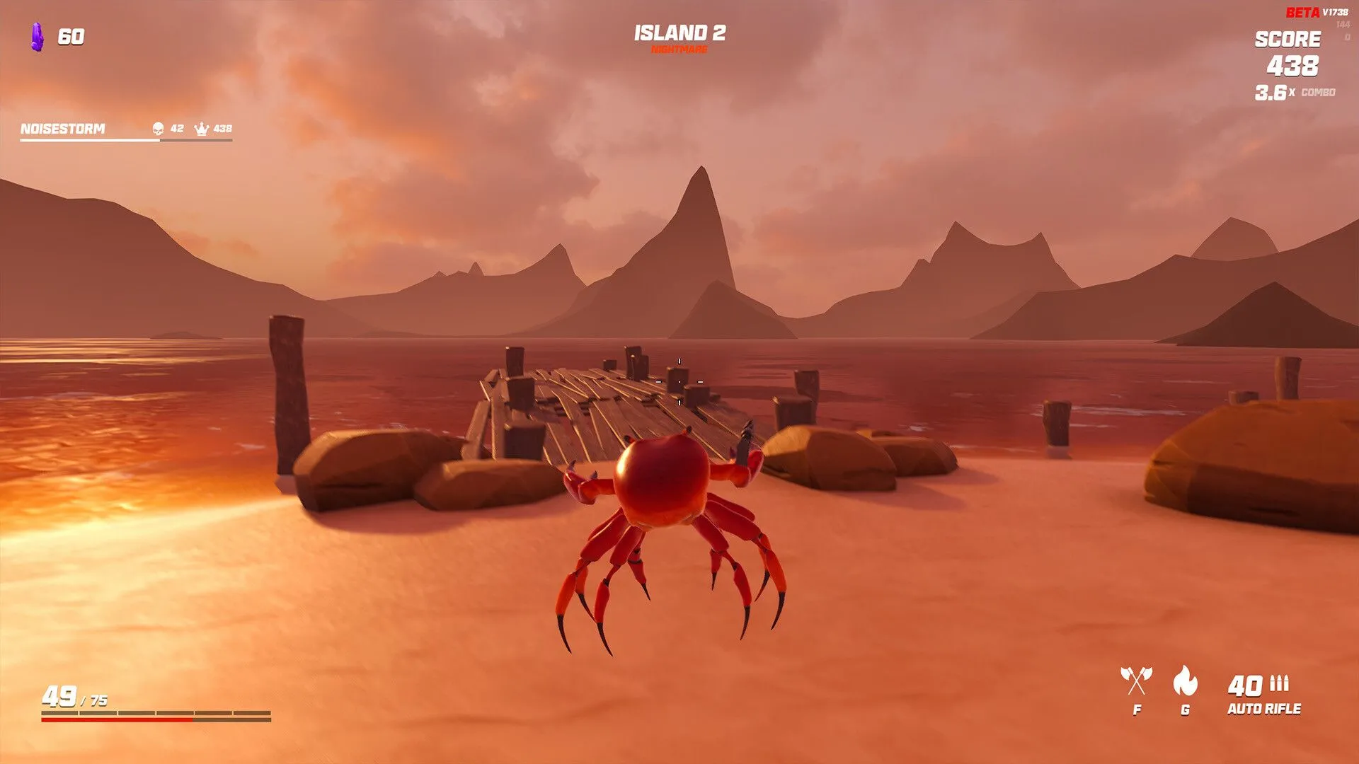 Game indie Crab Champions với hình ảnh một chú cua bay trên bãi biển xanh