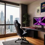Game thủ trải nghiệm màn hình LG 45 UltraGear OLED 5K2K cong 800R trong không gian chơi game chuyên nghiệp
