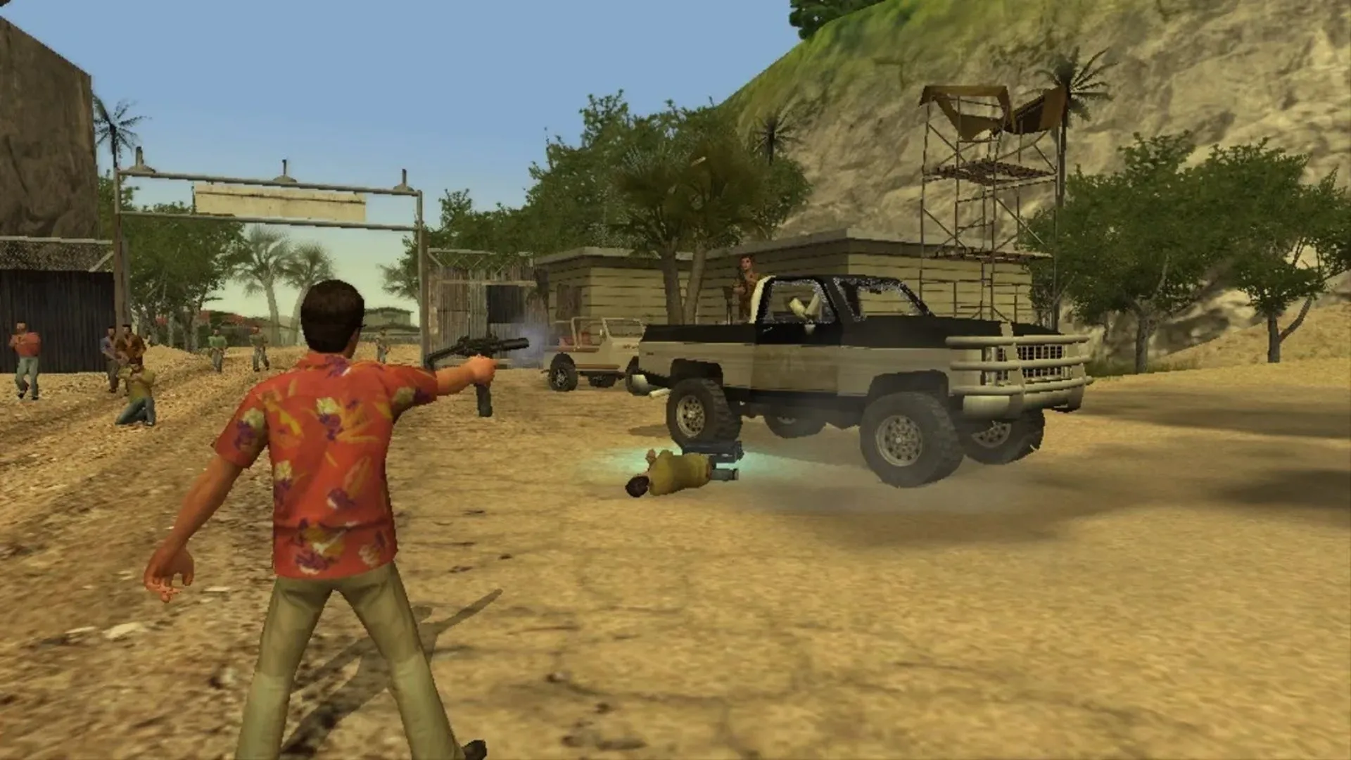 Gameplay của Scarface The World is Yours cho thấy Tony Montana đang nhắm bắn trong một cảnh hành động