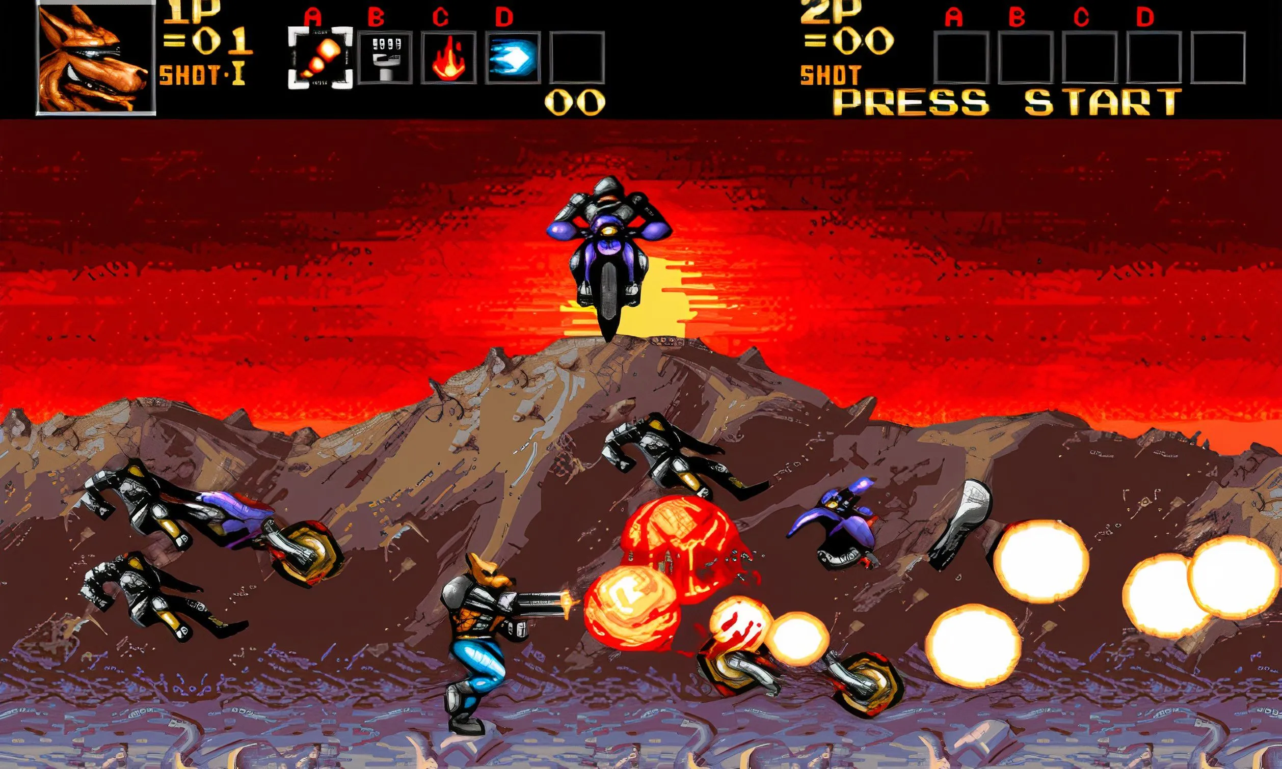 Gameplay game Contra: Hard Corps trên hệ máy Sega Genesis với các nhân vật đang chiến đấu