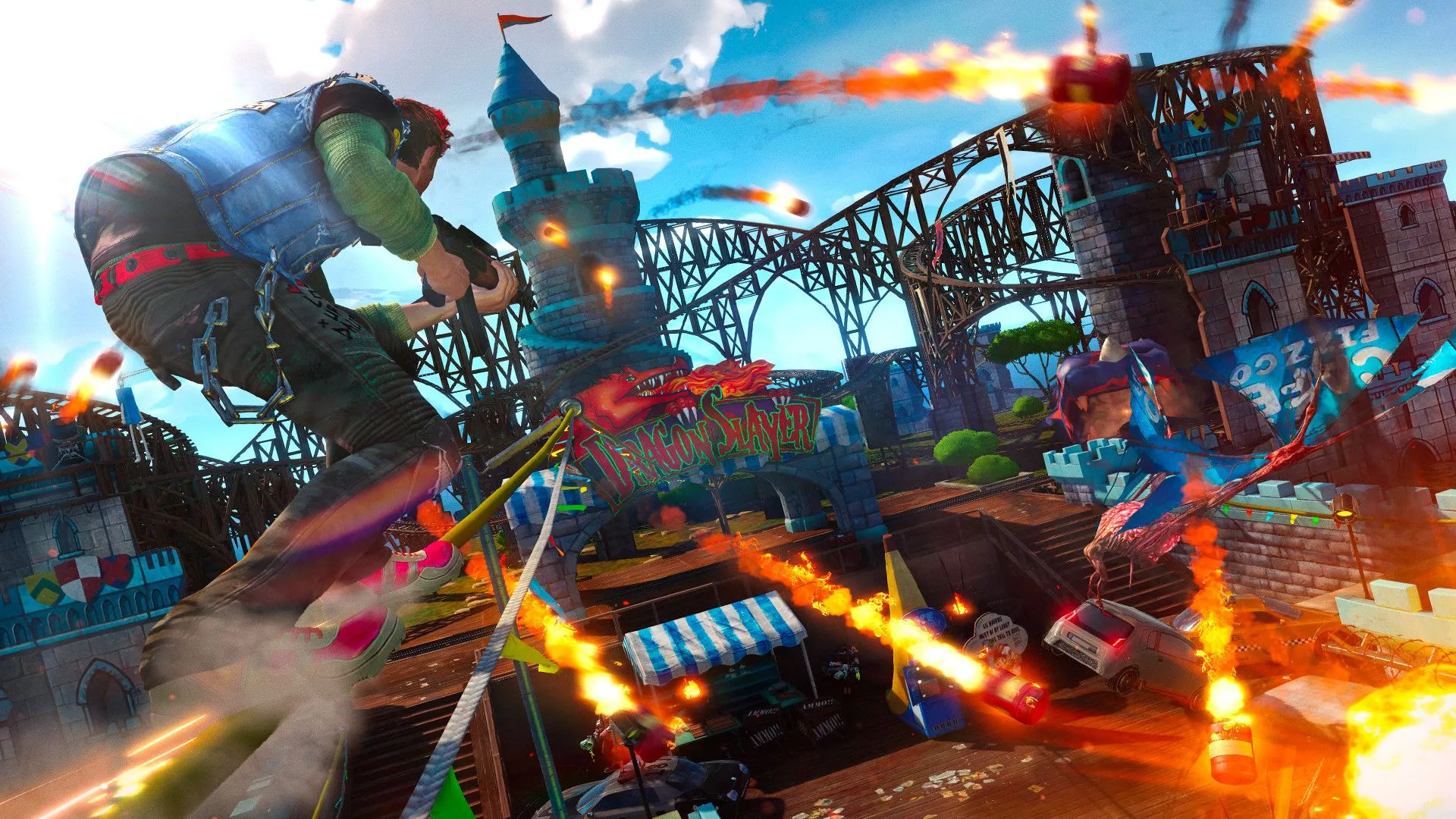 Gameplay Sunset Overdrive với nhân vật trượt trên đường ray