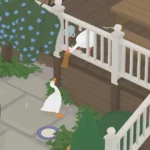 Gameplay tựa game Untitled Goose Game với chú ngỗng trắng gây rối trong thị trấn