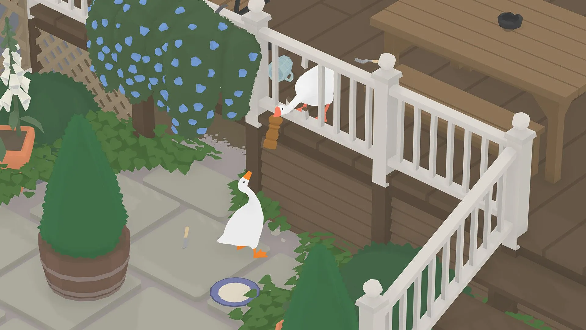 Gameplay tựa game Untitled Goose Game với chú ngỗng trắng gây rối trong thị trấn