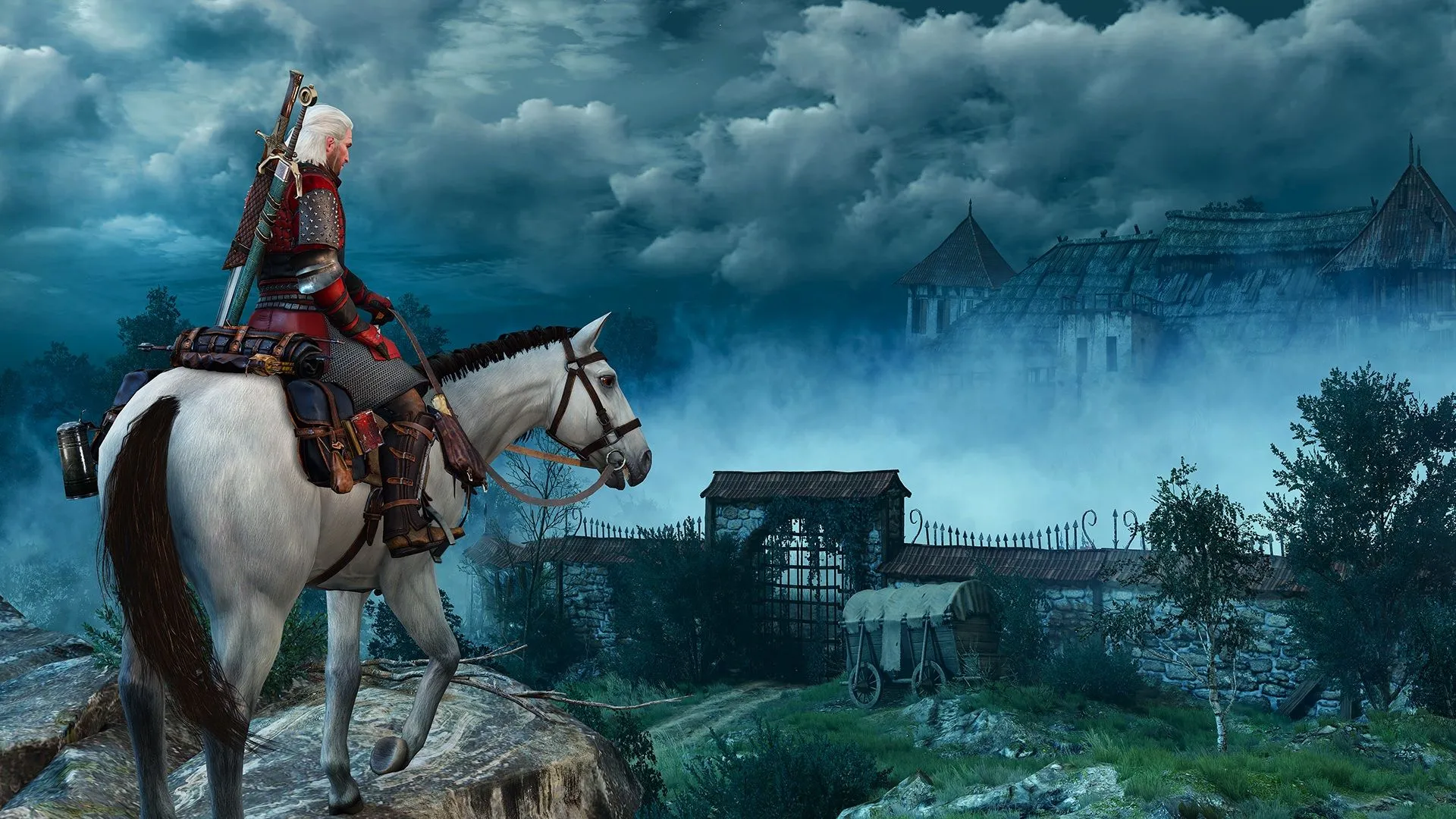 Geralt đang chiến đấu trong thế giới mở của The Witcher 3: Wild Hunt, minh họa đồ họa ấn tượng của game