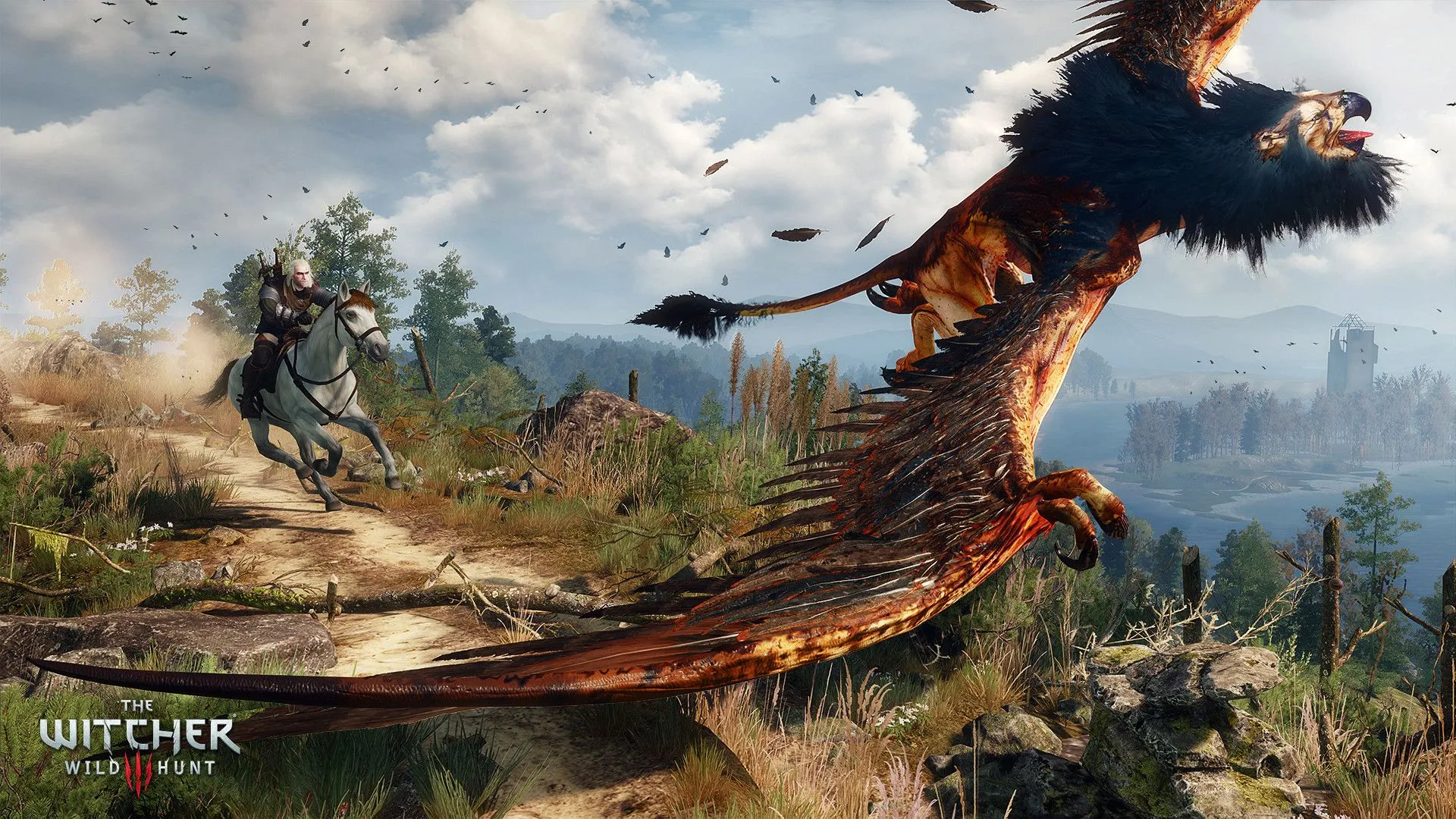 Geralt đang săn quái vật trong The Witcher 3: Wild Hunt, thể hiện thế giới mở rộng lớn và hấp dẫn của game nhập vai hành động.