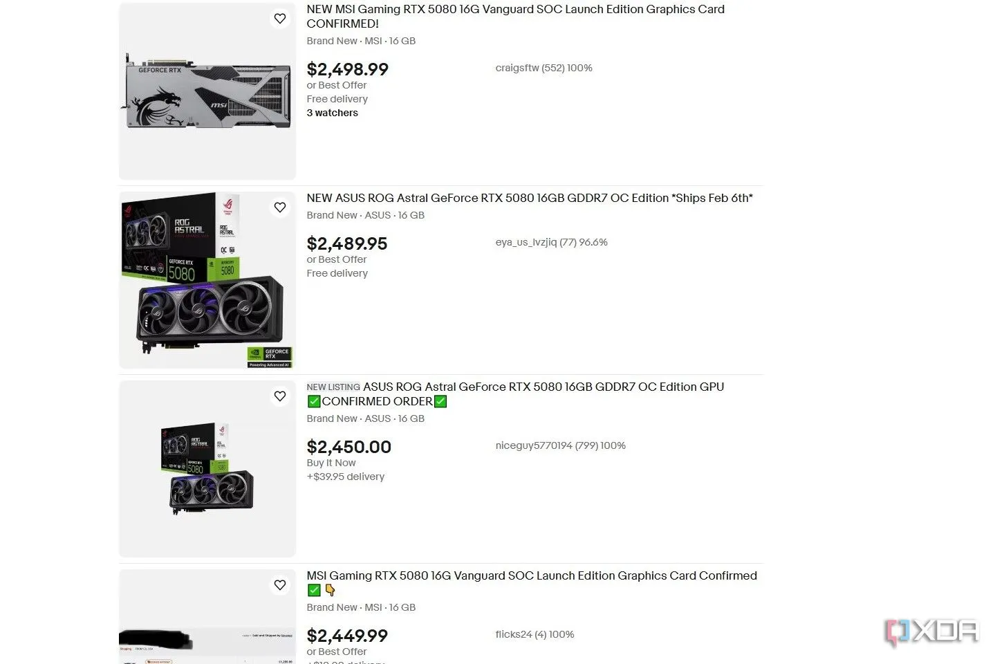 Giá bán card đồ họa RTX 5080 bị đẩy lên cao ngất ngưởng trên sàn eBay