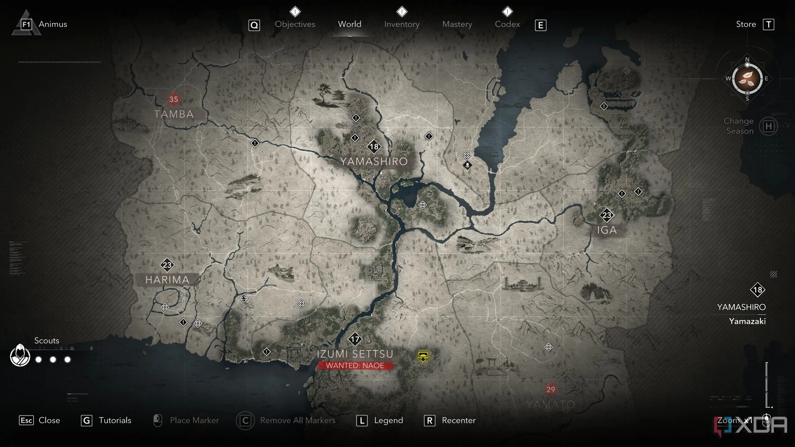 Giao diện bản đồ trong Assassin's Creed Shadows, minh họa việc sử dụng trinh sát viên để khám phá.