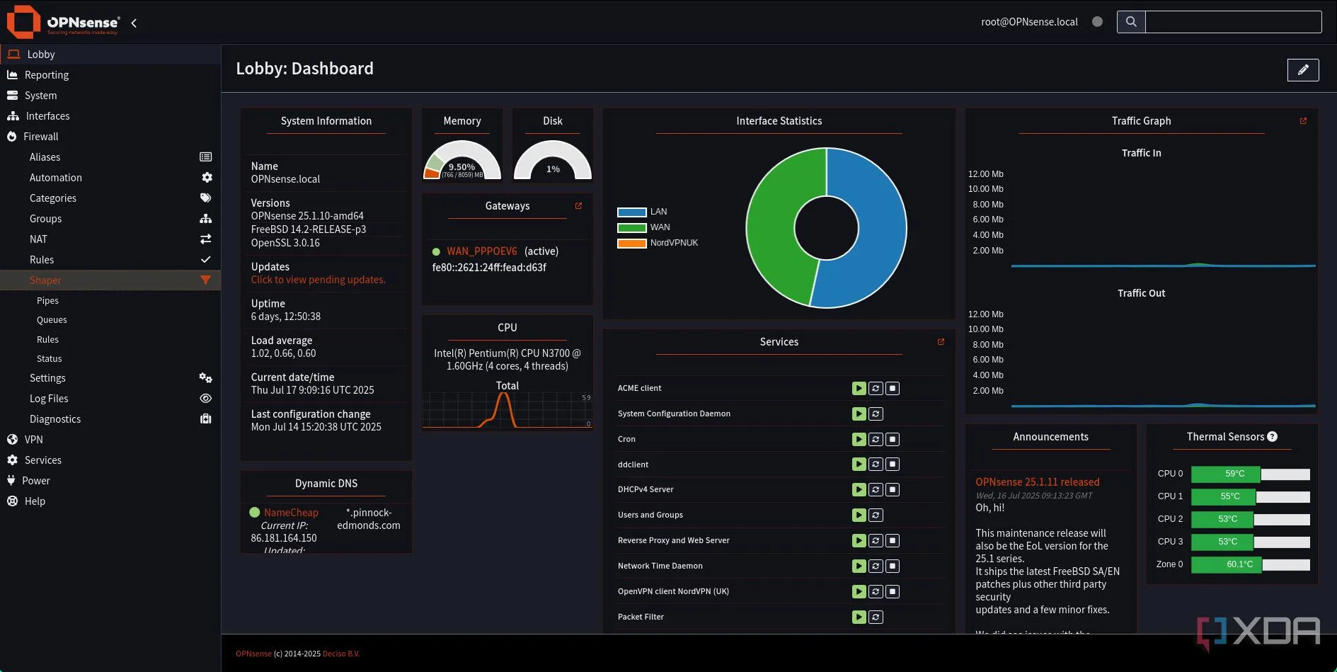 Giao diện bảng điều khiển OPNsense, đang mở menu Firewall và chọn Shaper để truy cập cài đặt Traffic Shaping