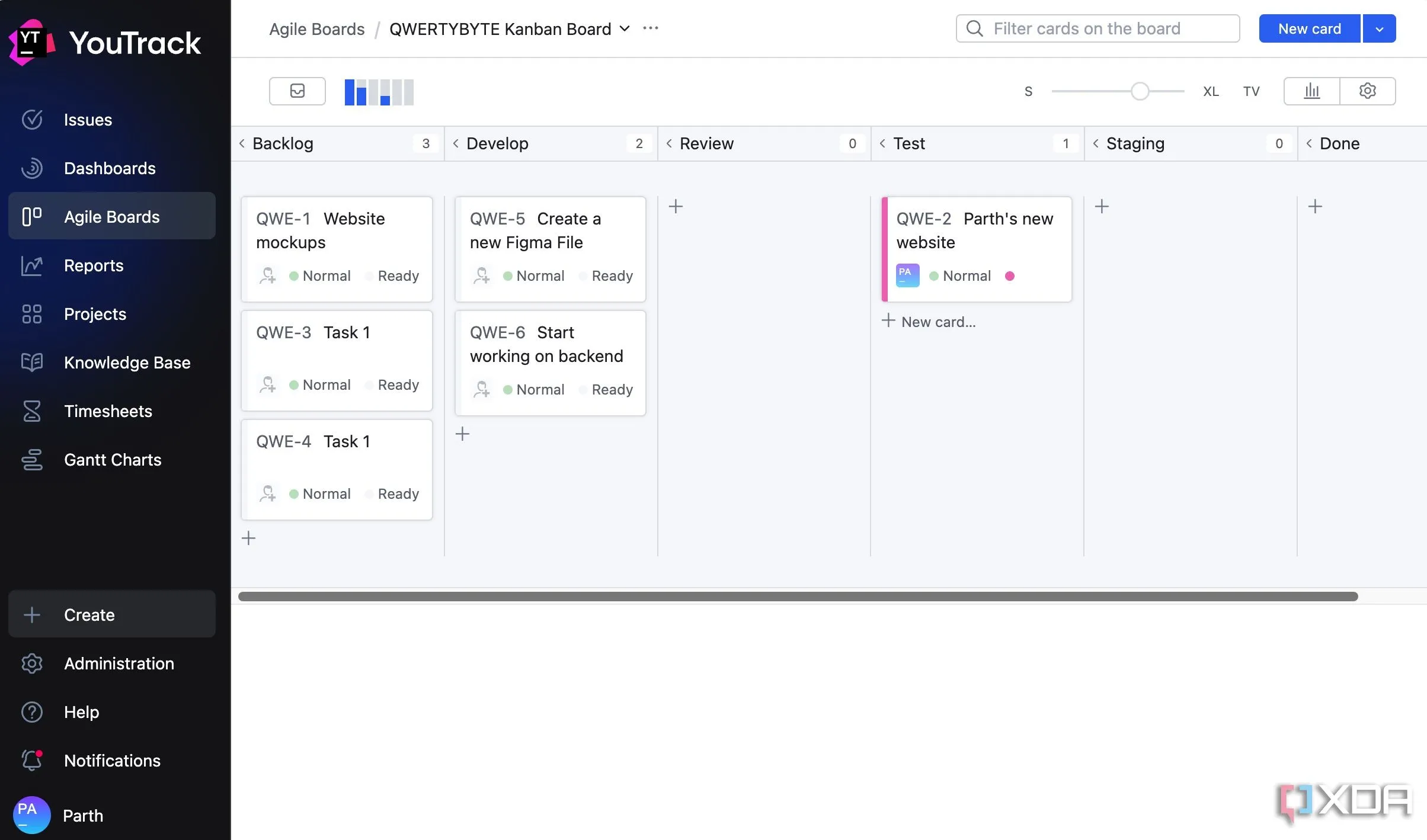 Giao diện bảng Kanban trong YouTrack với các cột trạng thái công việc chi tiết